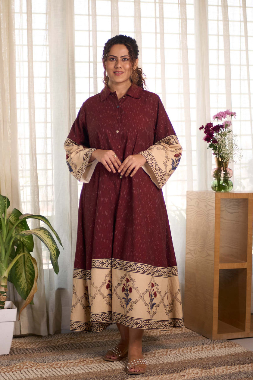 Bagru Ikat Wine  Dress
