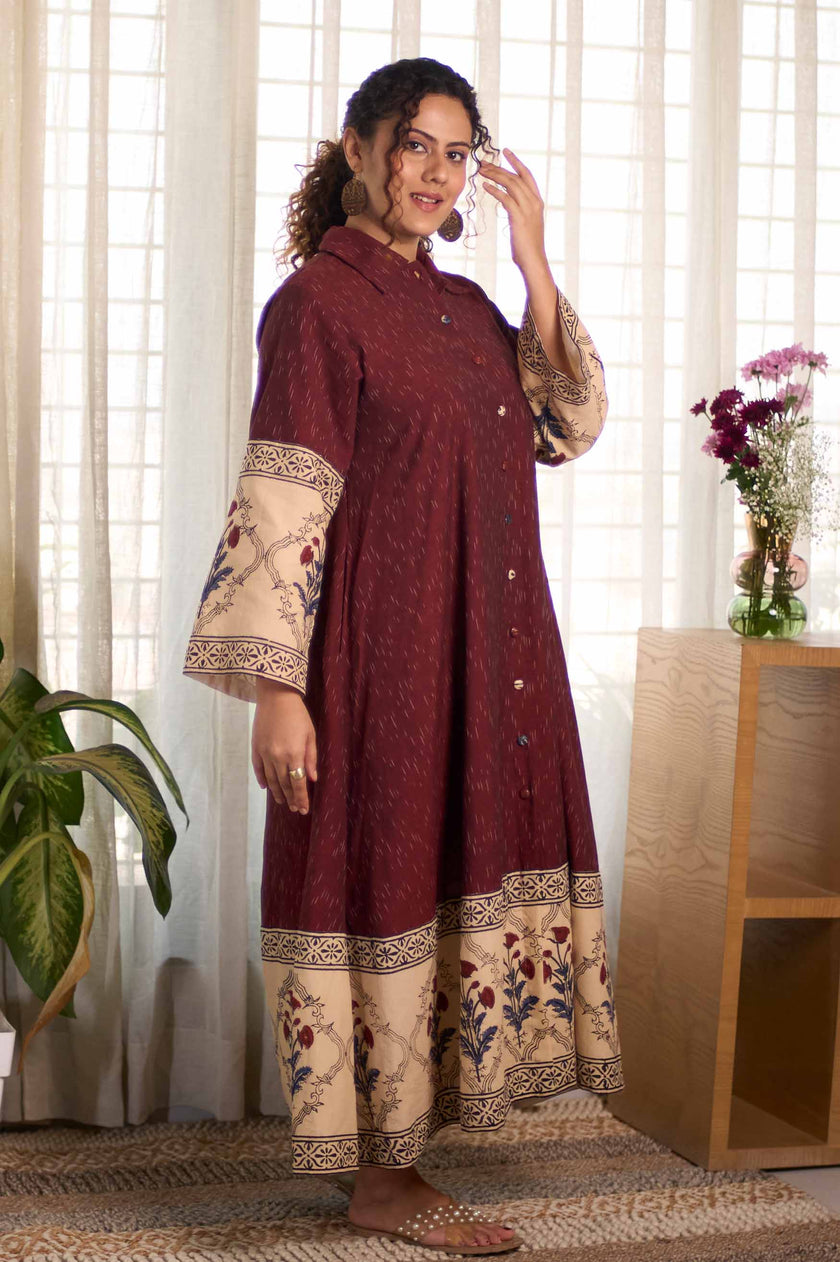 Bagru Ikat Wine  Dress