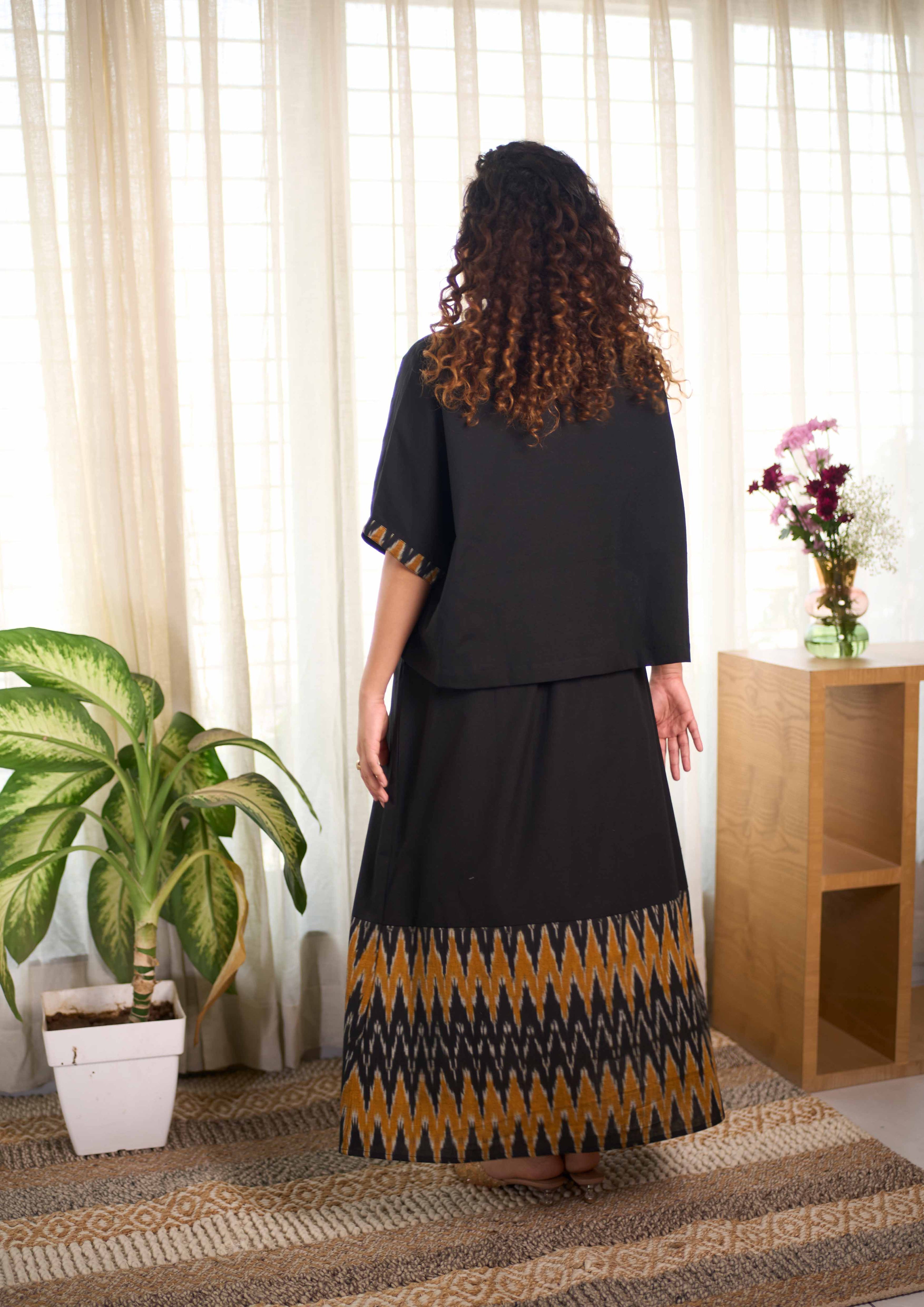 Ikat Yellow Black Skirt  Sets
