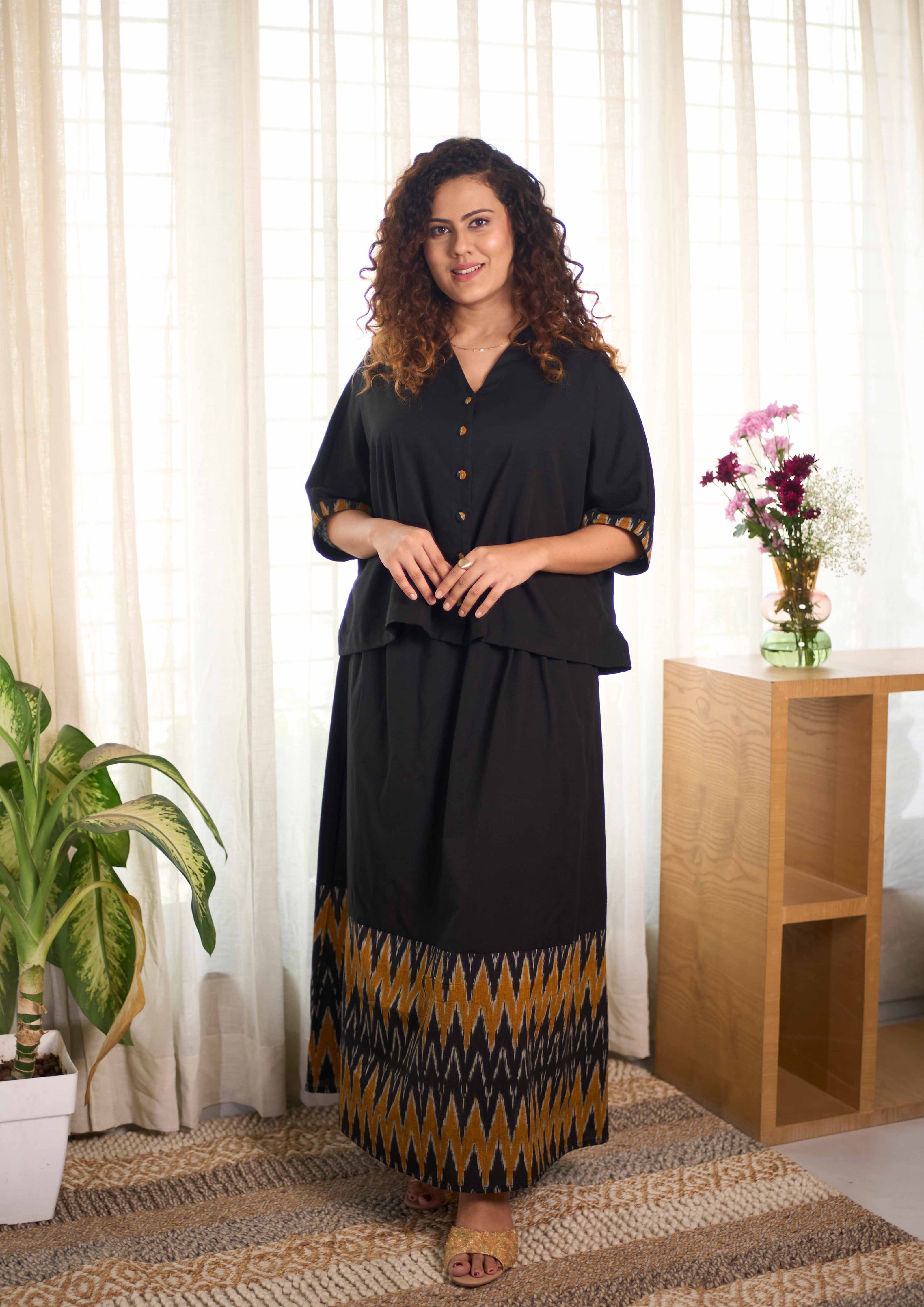 Ikat Yellow Black Skirt  Sets