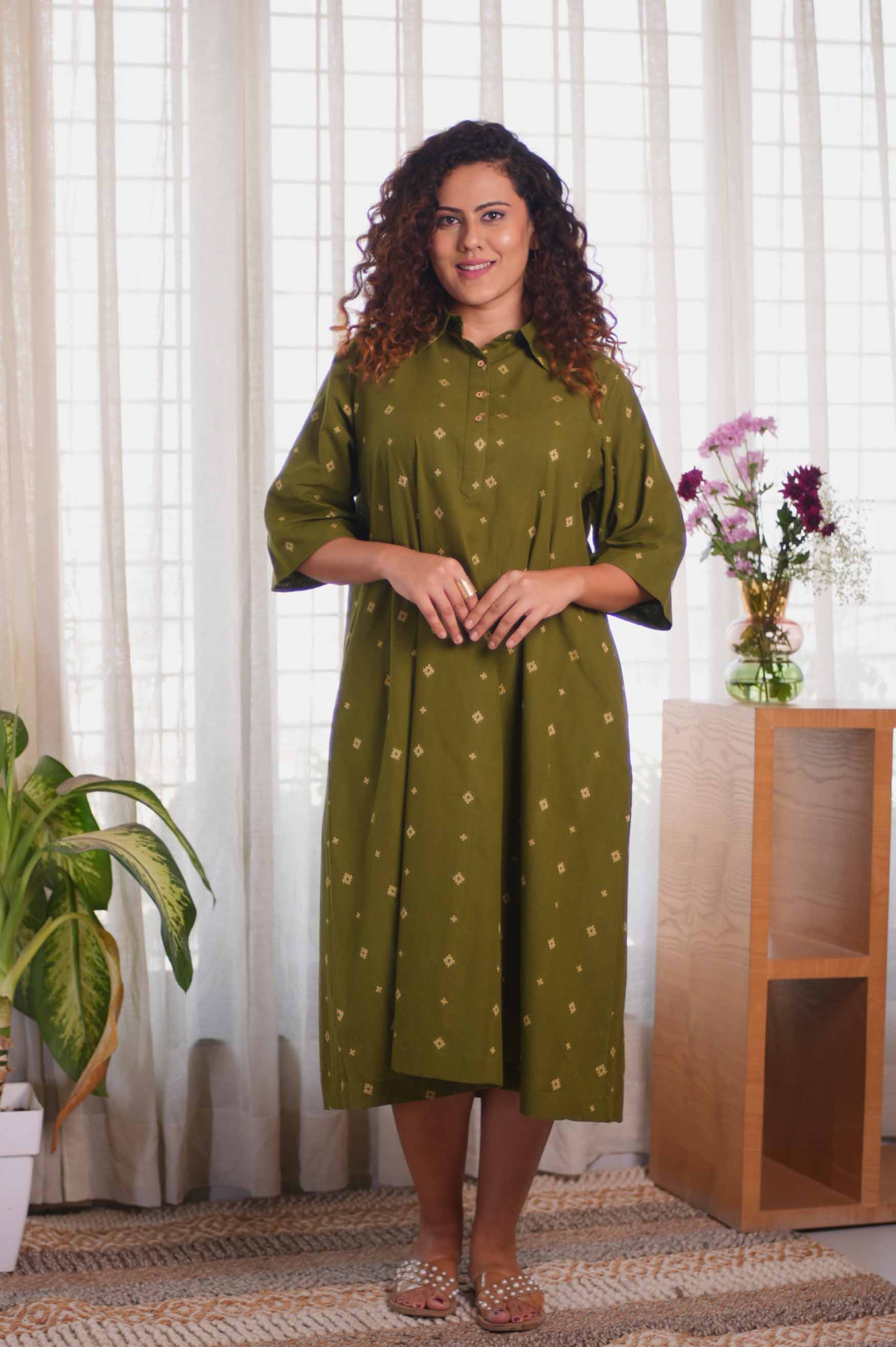 Jamdani Olive Green Buti Dress