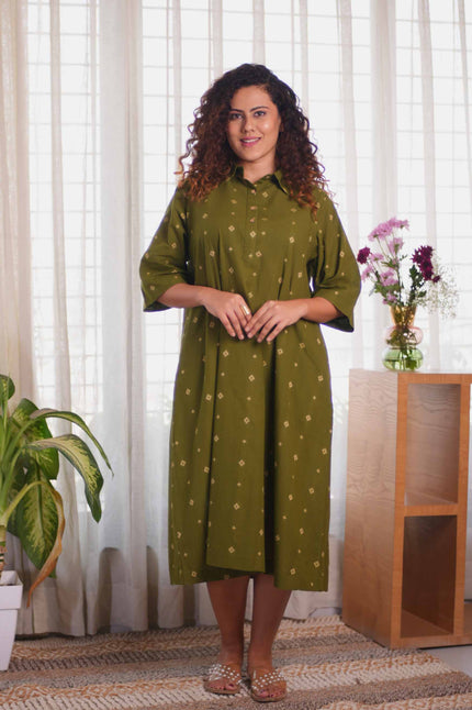 Jamdani Olive Green Buti Dress