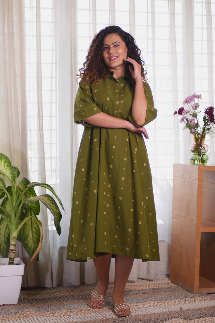 Jamdani Olive Green Buti Dress