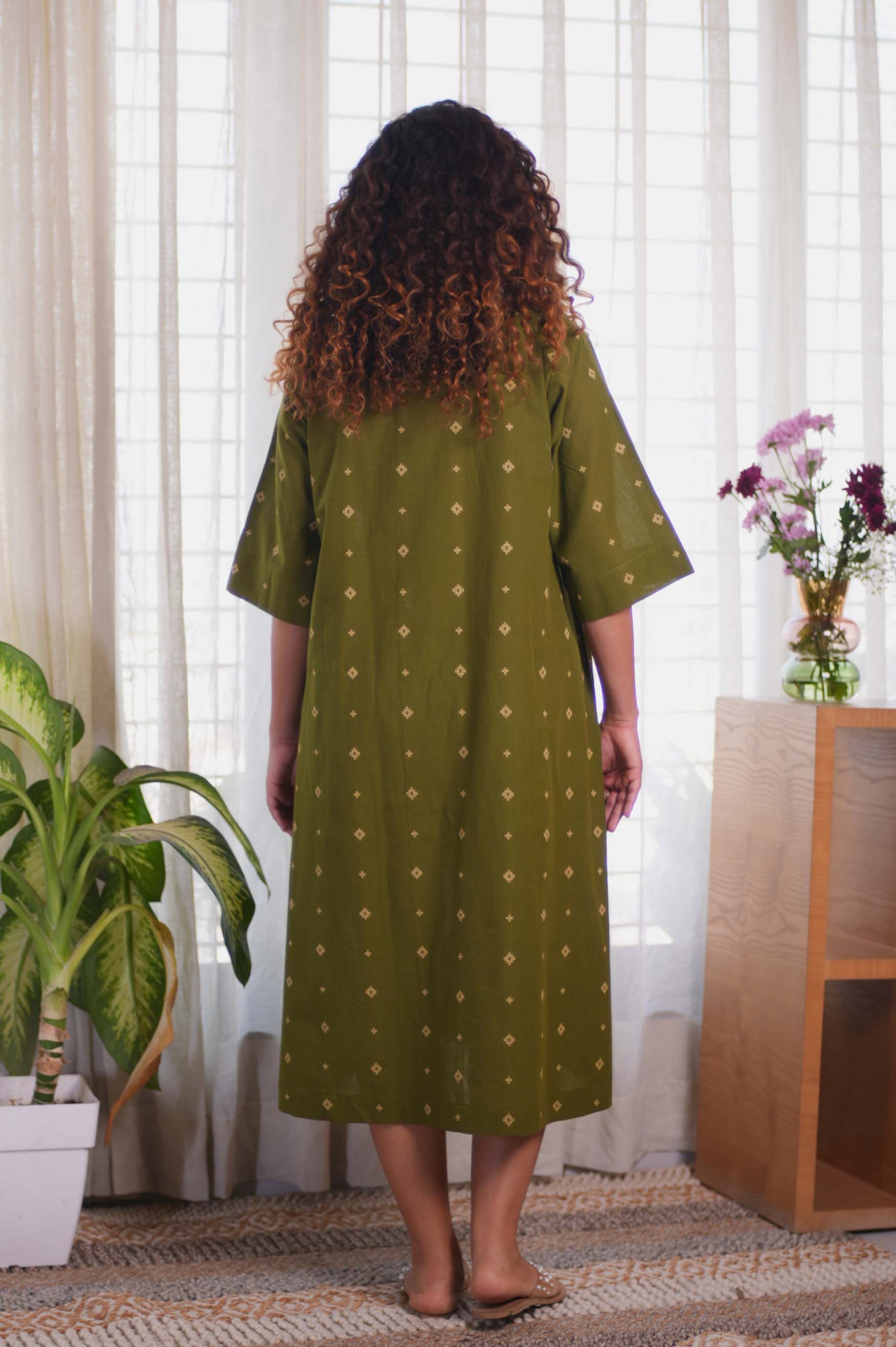 Jamdani Olive Green Buti Dress