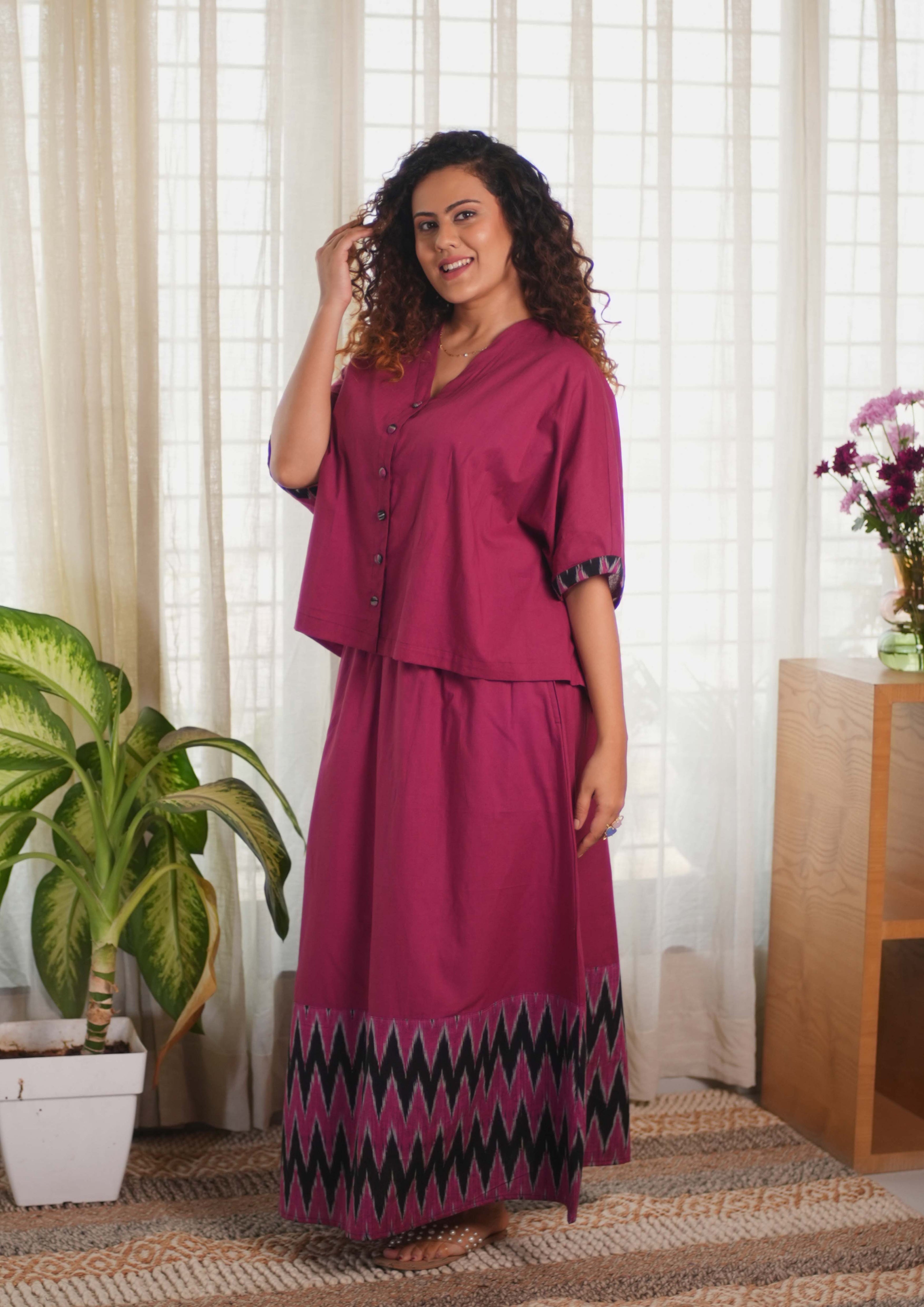 Ikat Pink Black Skirt Set