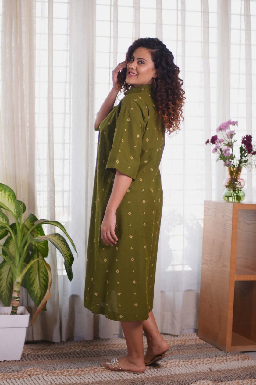 Jamdani Olive Green Buti Dress