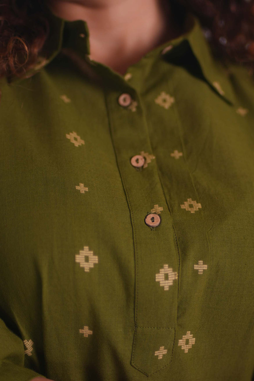 Jamdani Olive Green Buti Dress