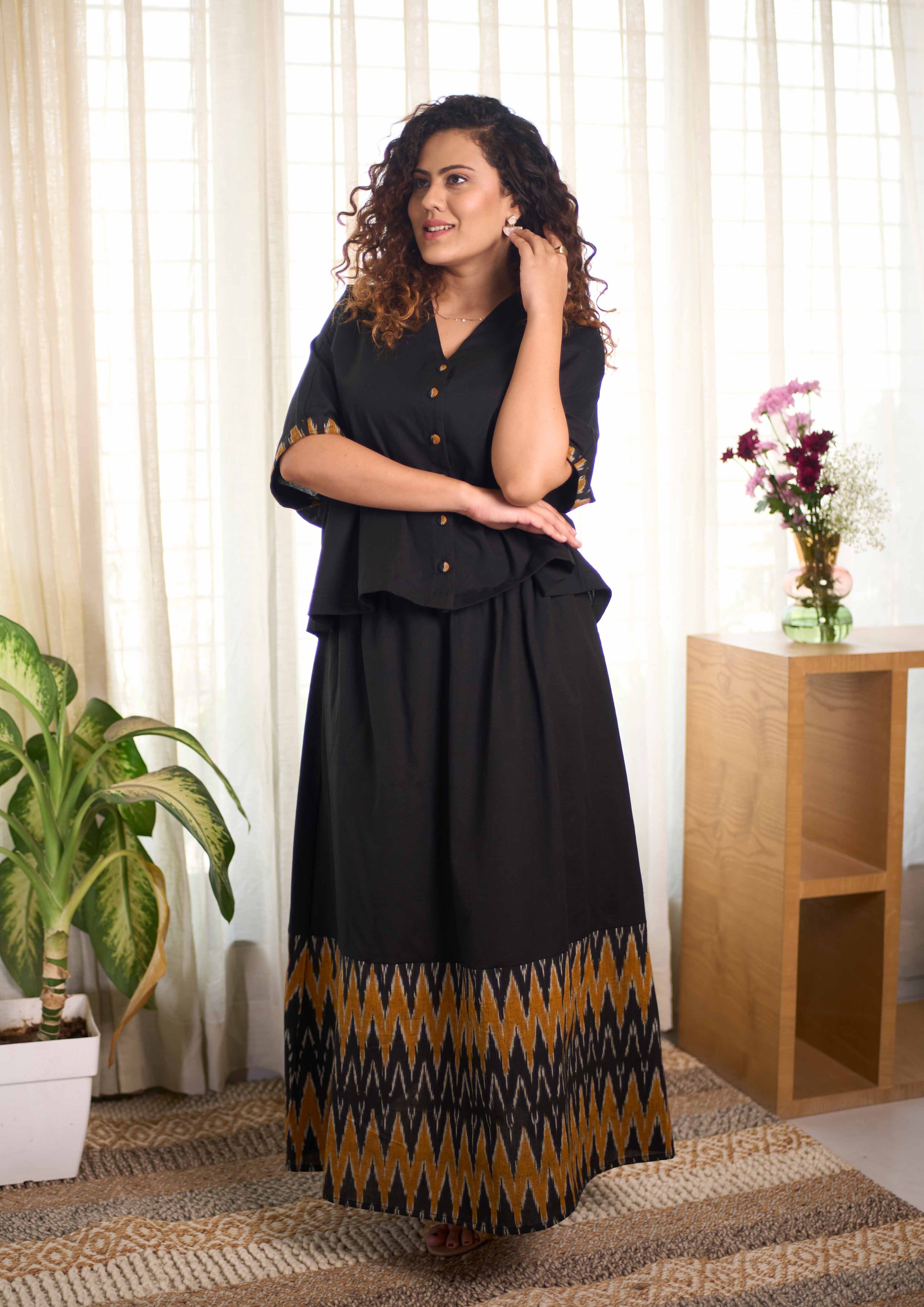 Ikat Yellow Black Skirt  Sets