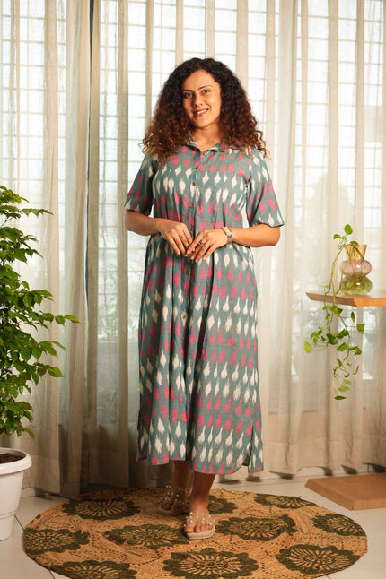 Teal Tuck Ikat Dress