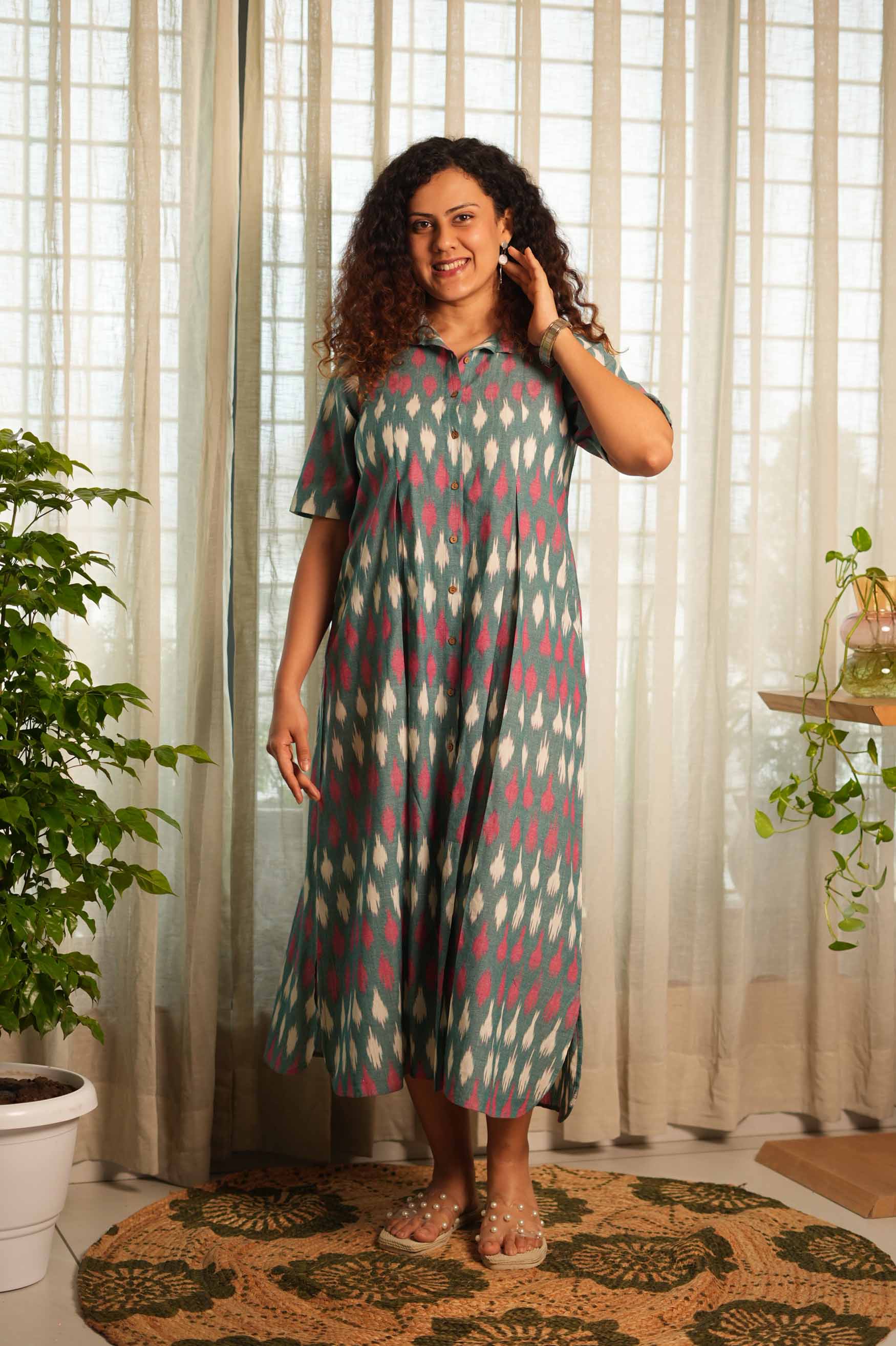Teal Tuck Ikat Dress