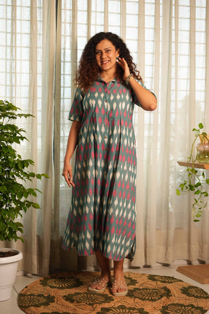 Teal Tuck Ikat Dress
