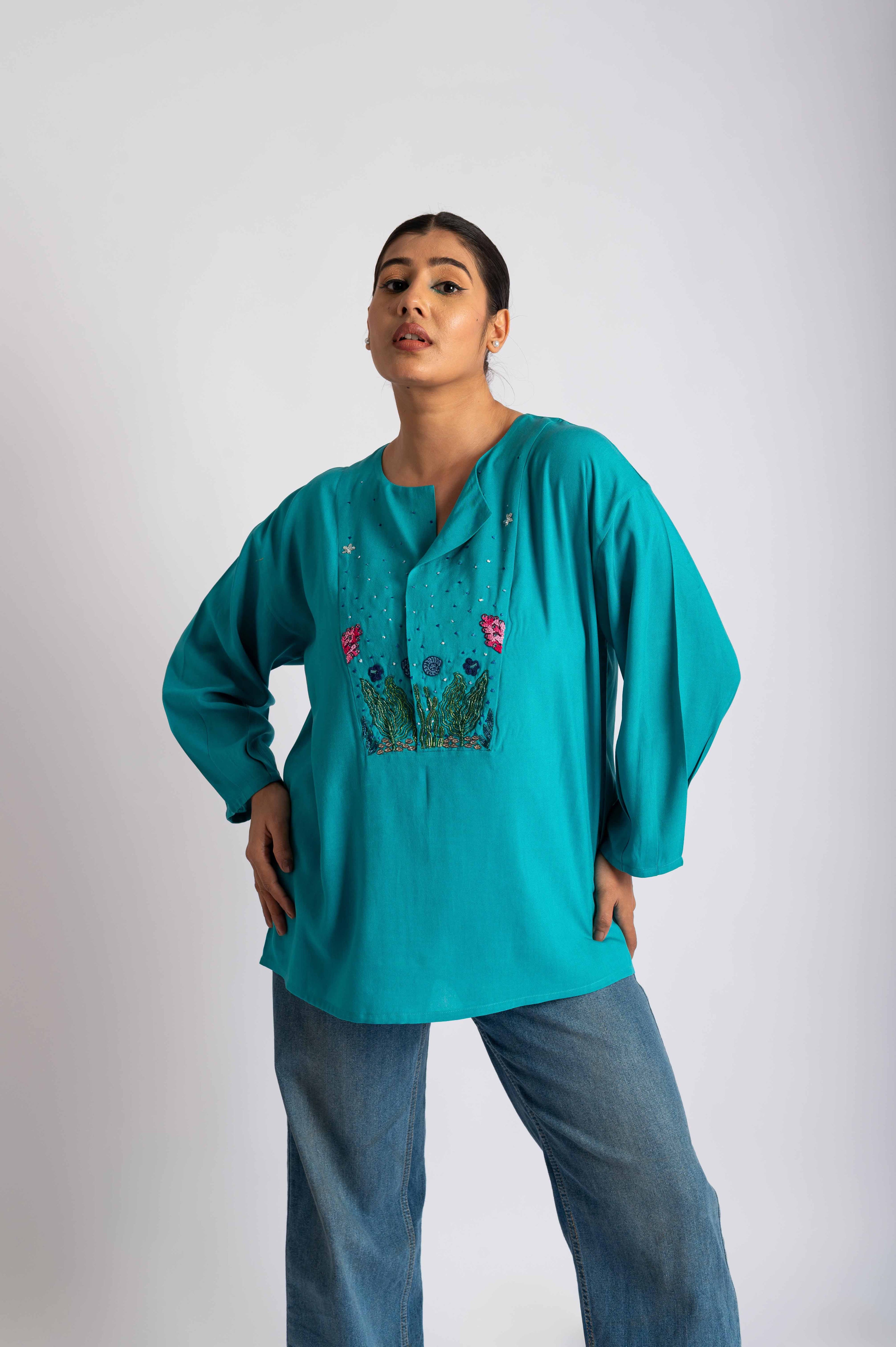 Ocean Garden Hand Embroidered Blue Top
