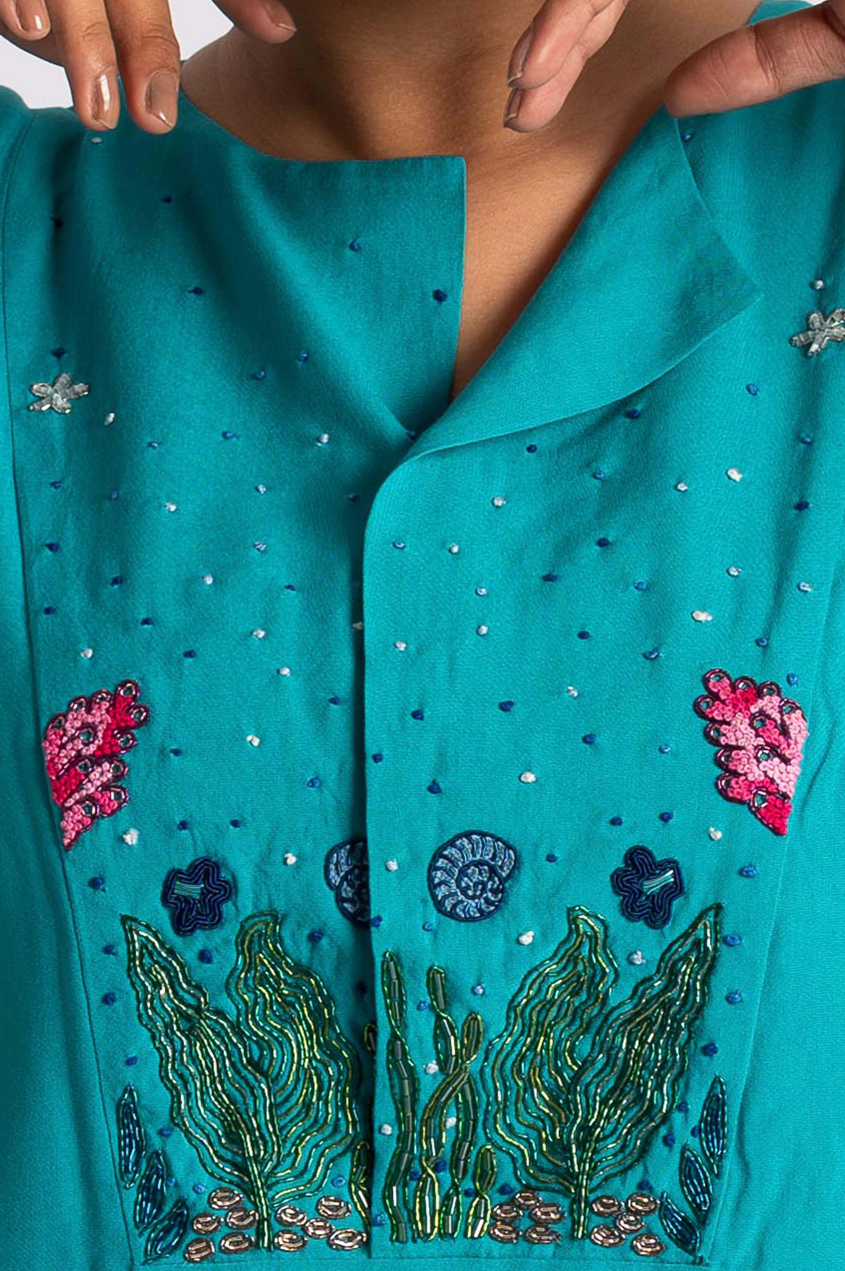 Ocean Garden Hand Embroidered Blue Top