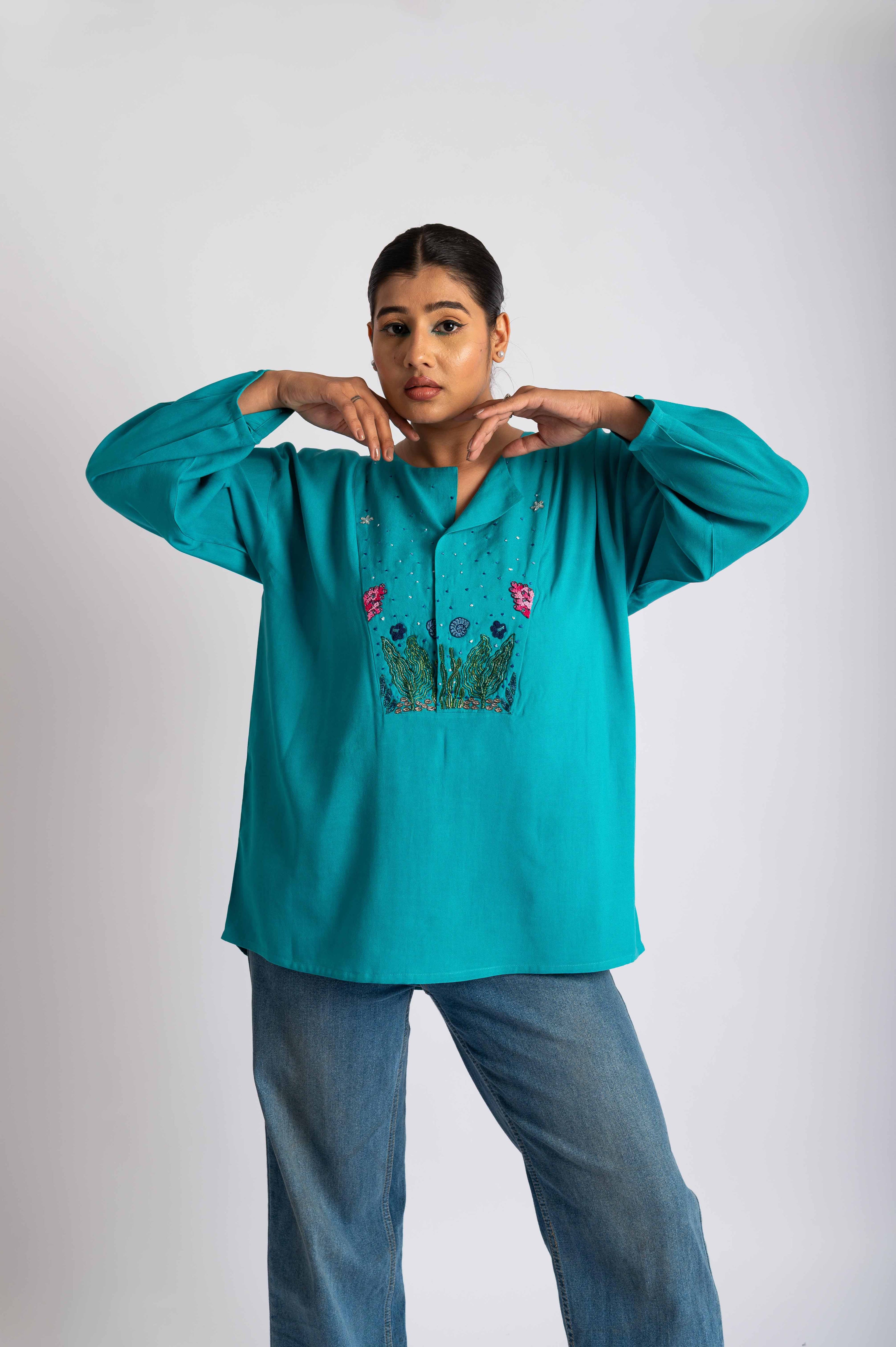 Ocean Garden Hand Embroidered Blue Top