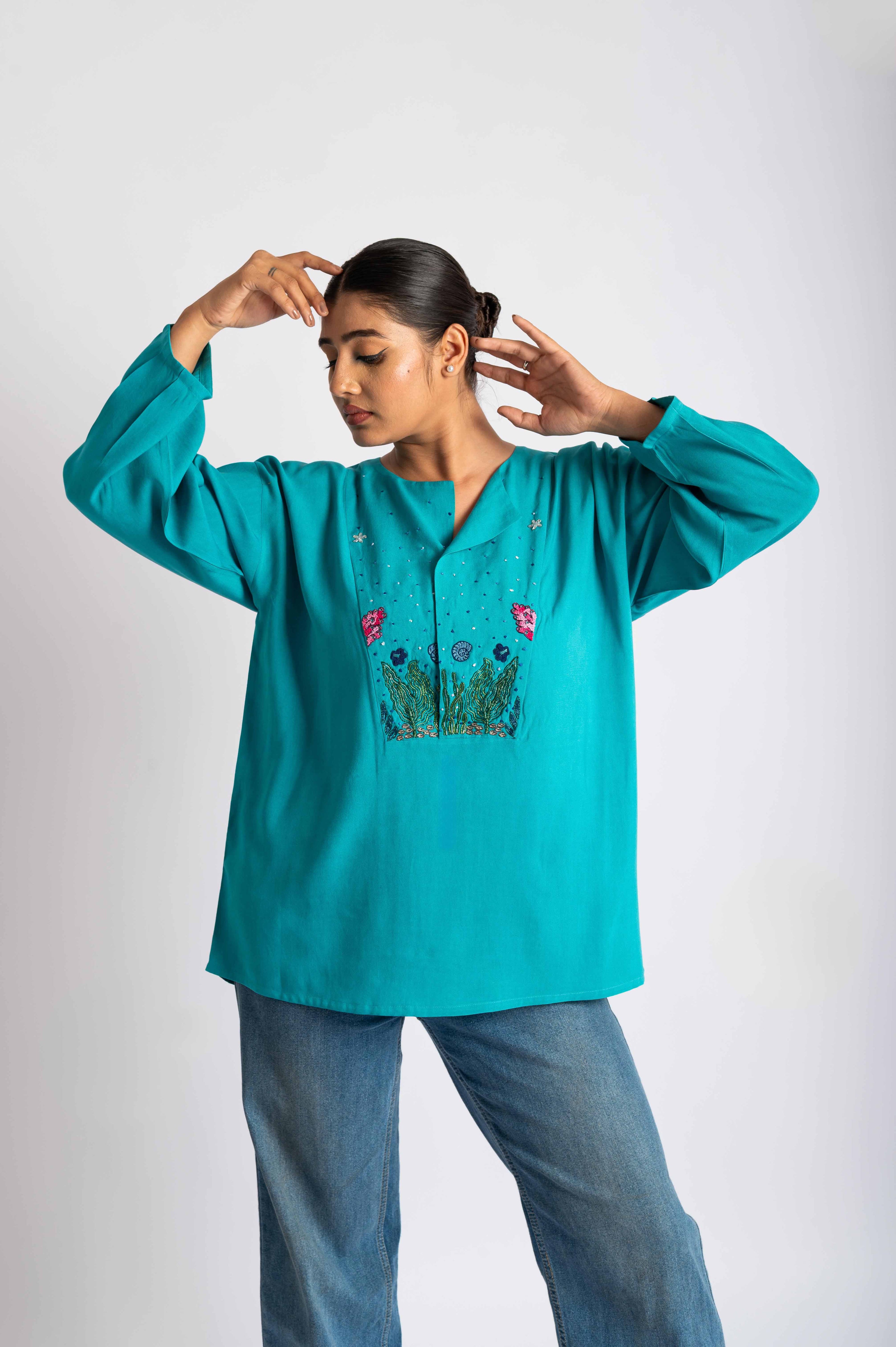Ocean Garden Hand Embroidered Blue Top
