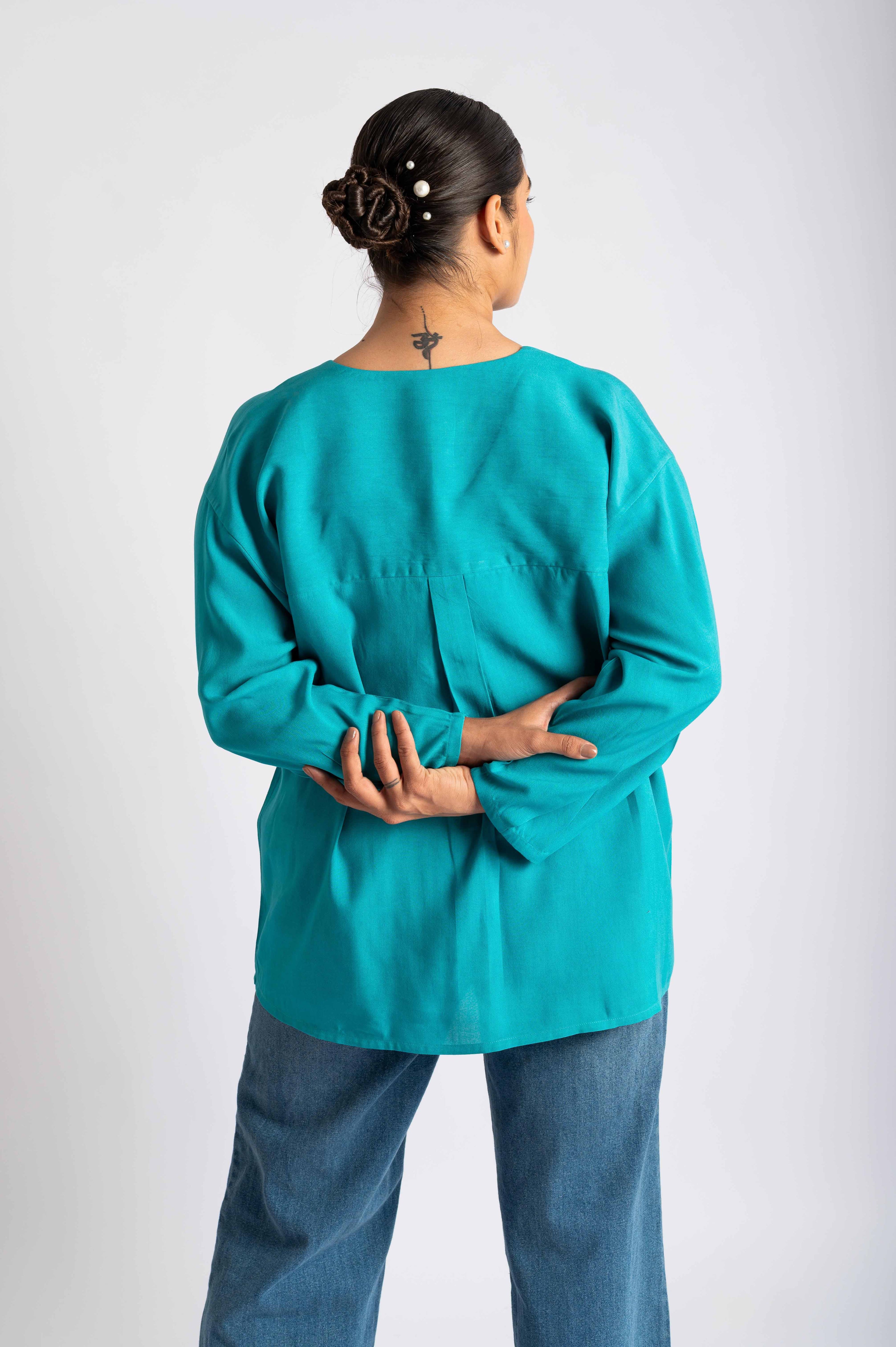 Ocean Garden Hand Embroidered Blue Top