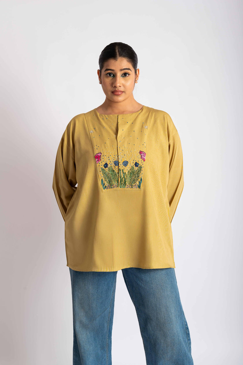 Ocean Garden Hand Embroidered Yellow Top