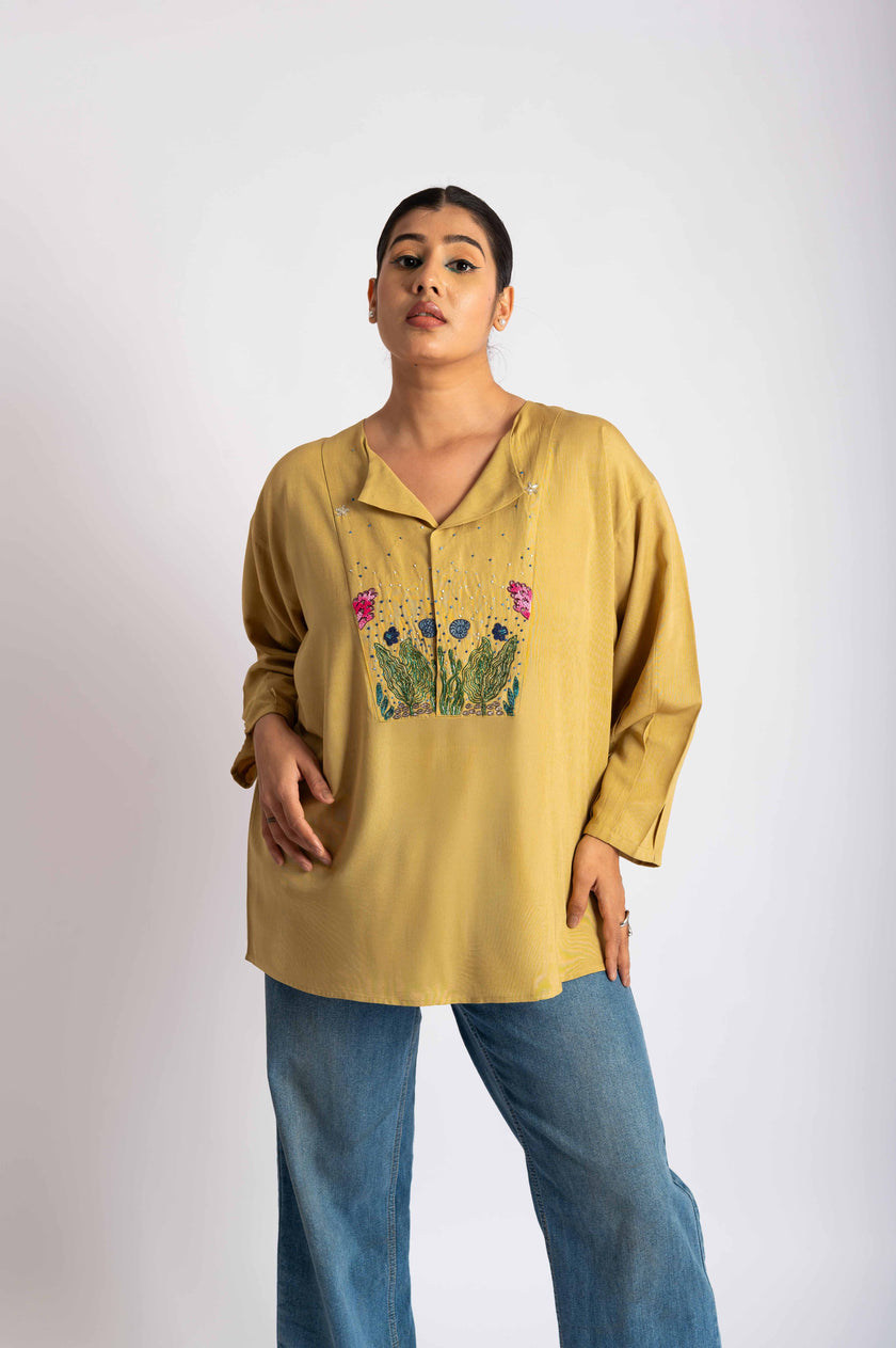 Ocean Garden Hand Embroidered Yellow Top