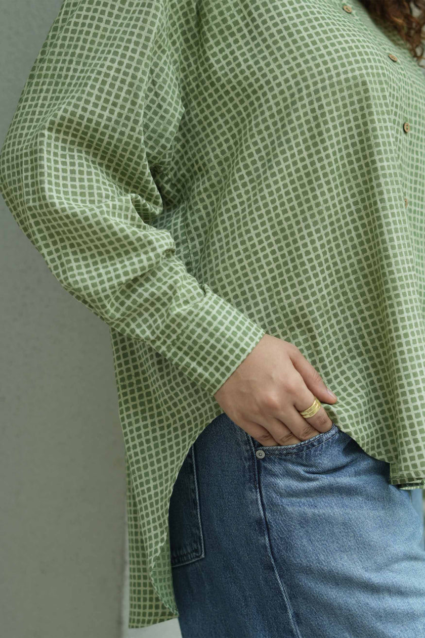 Green Bagru Grid Oversized Hand Block Shirt