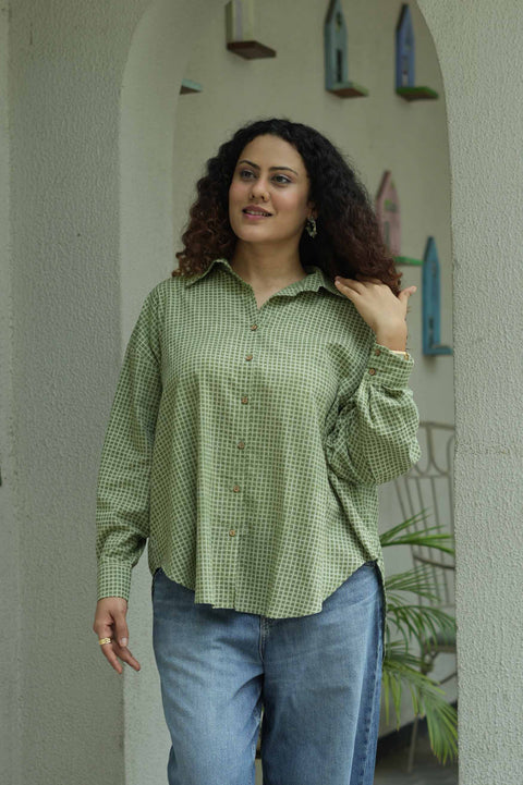 Green Bagru Grid Oversized Hand Block Shirt
