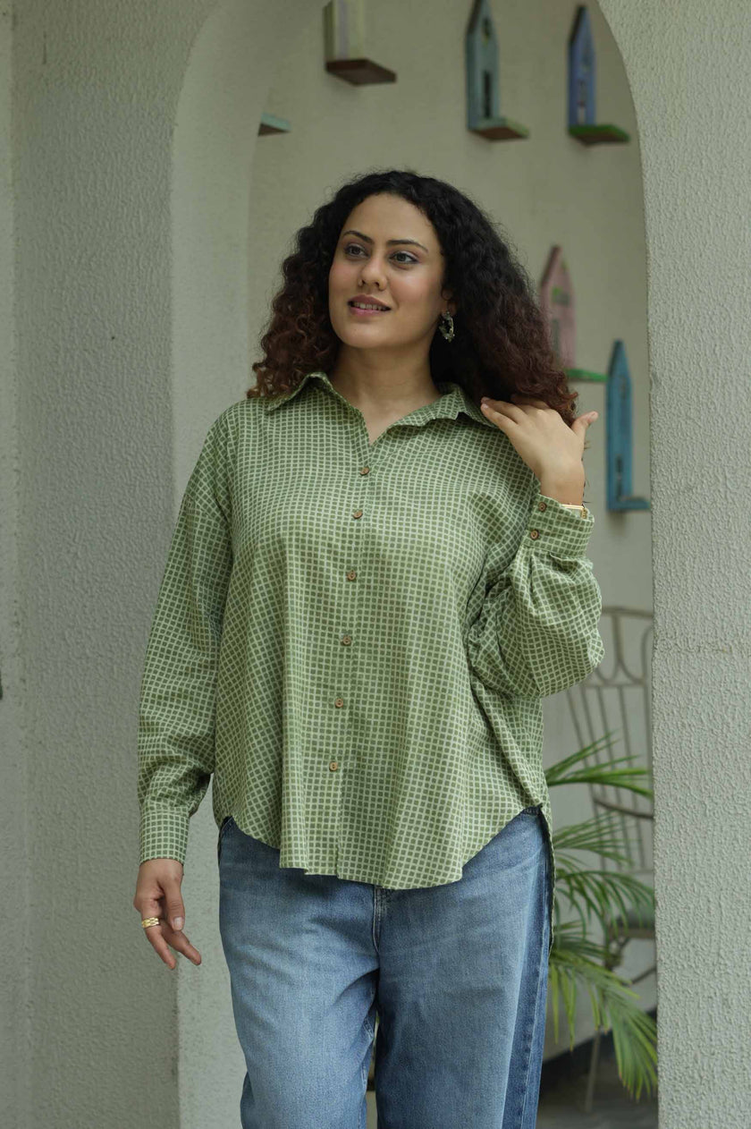 Green Bagru Grid Oversized Hand Block Shirt
