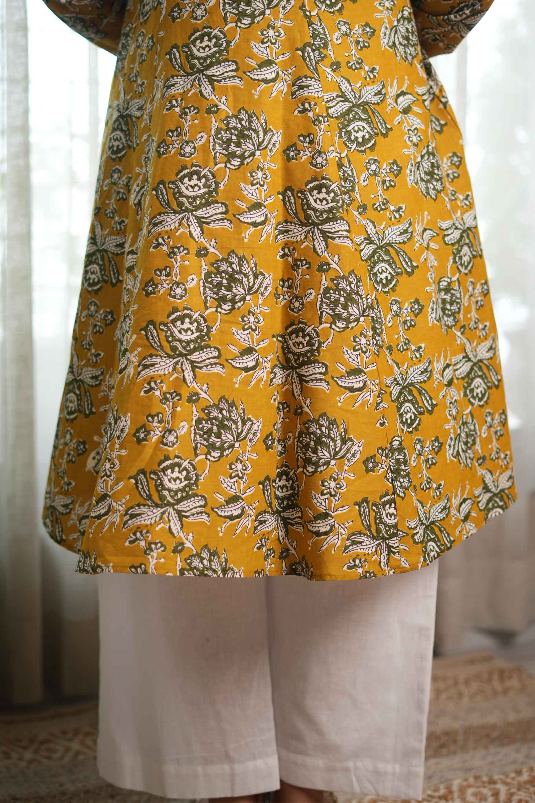 Mustard Folklore Churidar-Sleeve Kurta Set