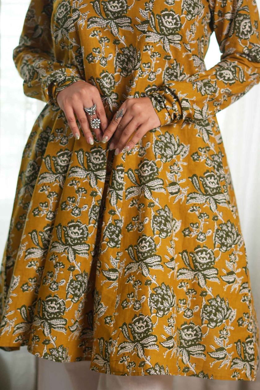 Mustard Folklore Churidar-Sleeve Kurta Set