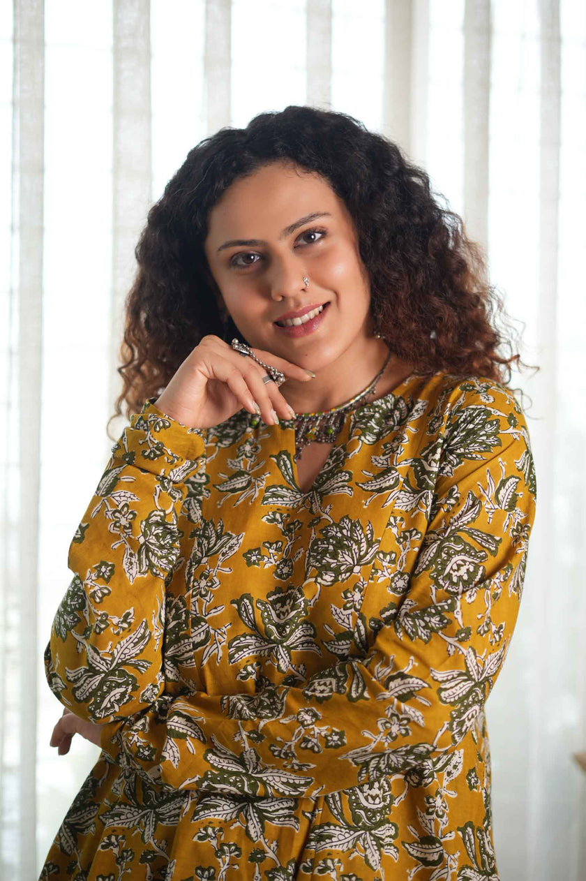 Mustard Folklore Churidar-Sleeve Kurta Set