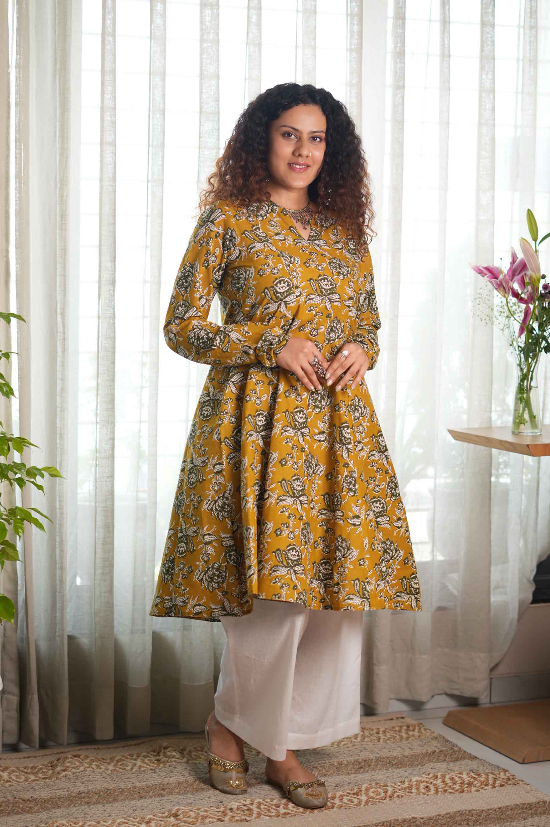 Mustard Folklore Churidar-Sleeve Kurta Set