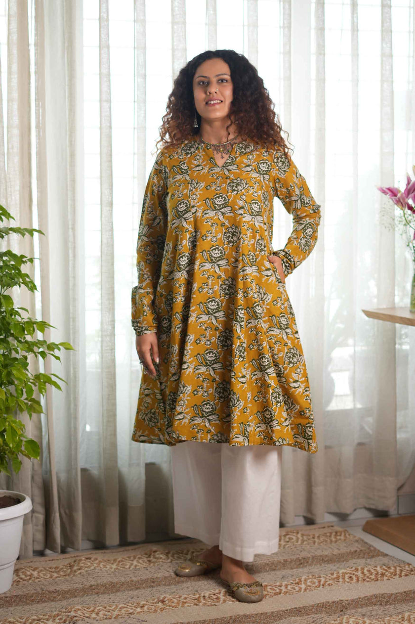 Mustard Folklore Churidar-Sleeve Kurta Set