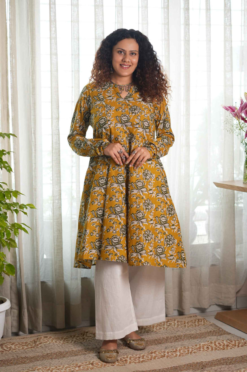 Mustard Folklore Churidar-Sleeve Kurta Set