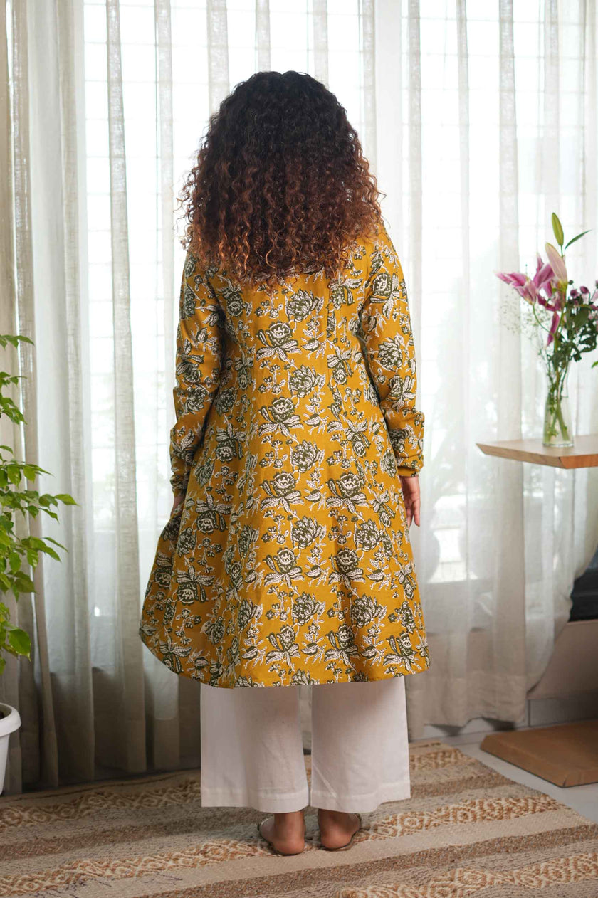 Mustard Folklore Churidar-Sleeve Kurta Set