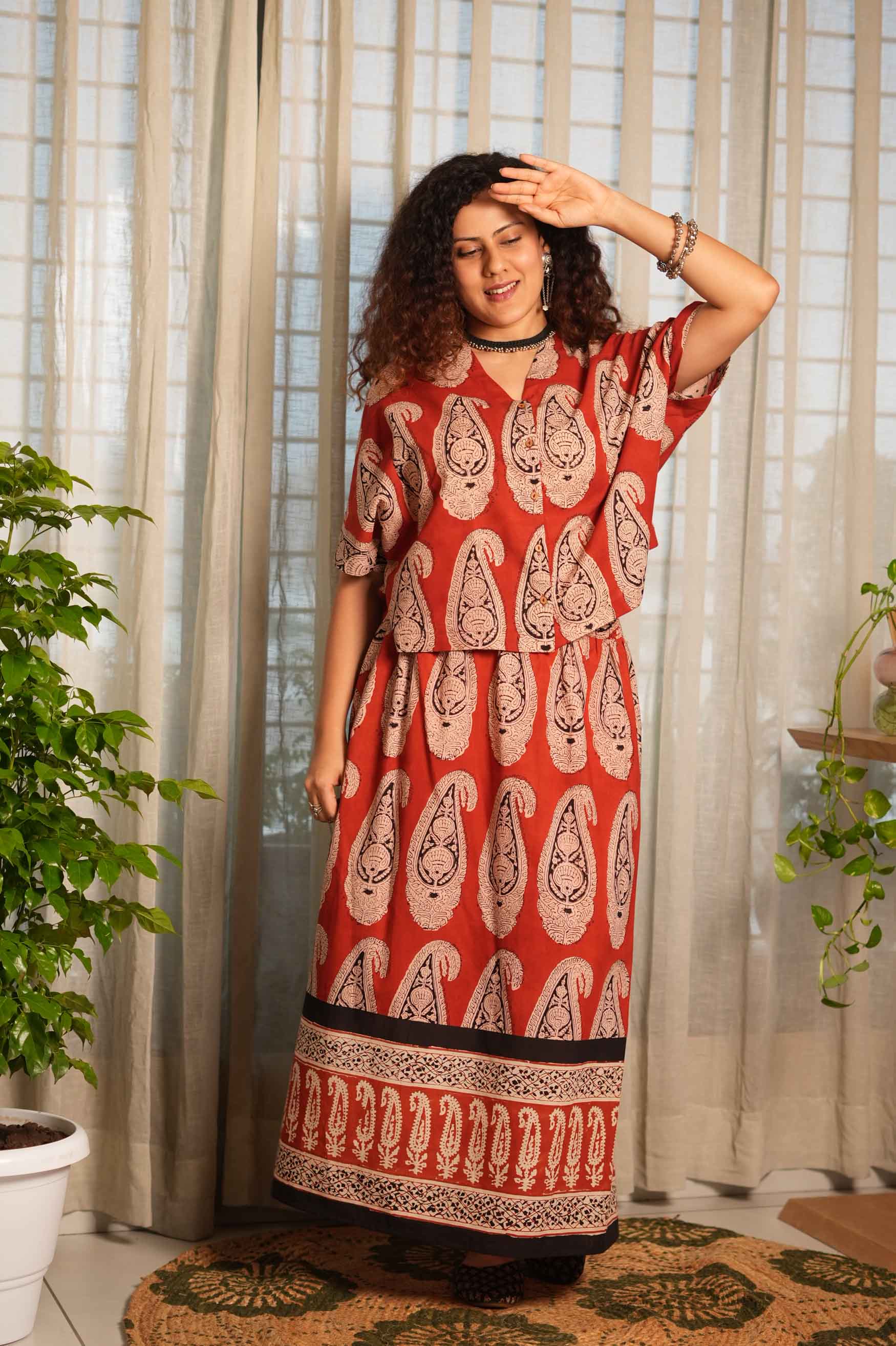 Terracotta Paisley — rust top + rust skirt