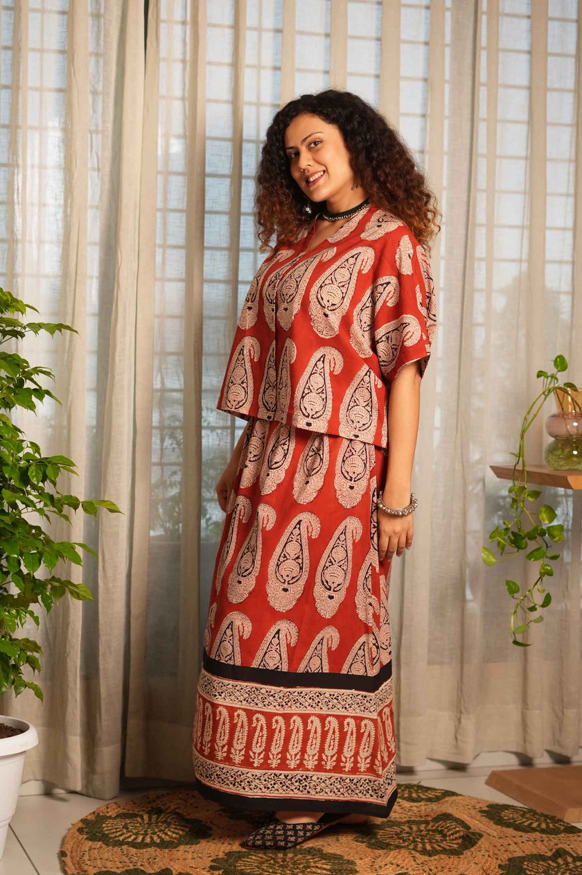 Terracotta Paisley — rust top + rust skirt
