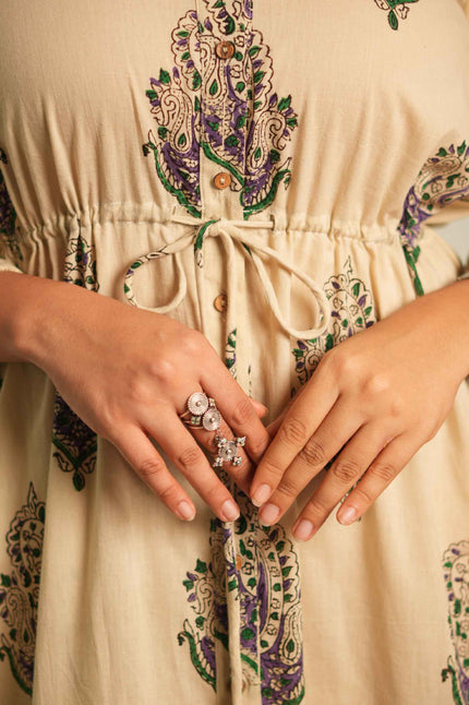 Ivory Paisley Handblock Printed Dress
