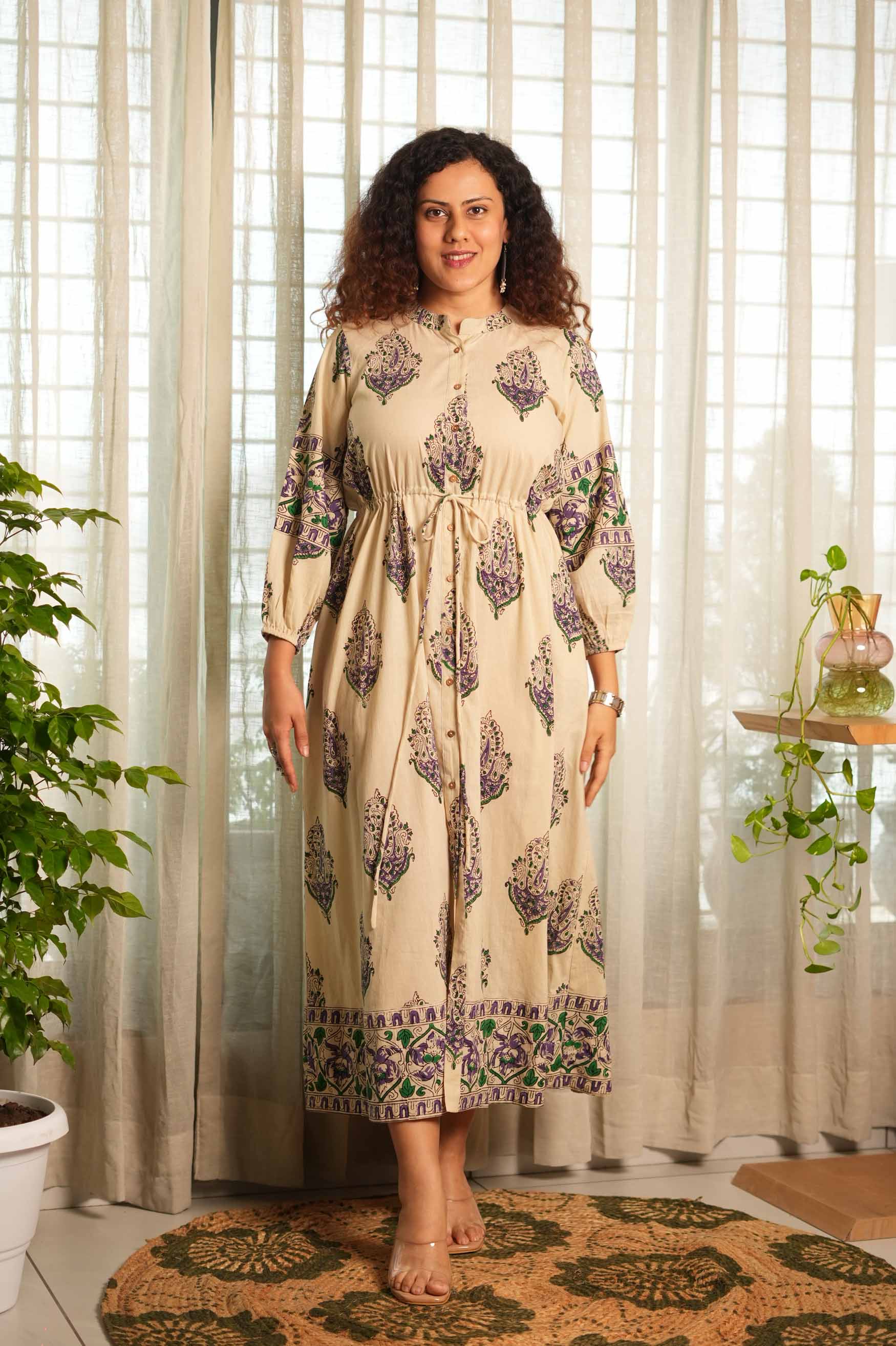 Ivory Paisley Handblock Printed Dress