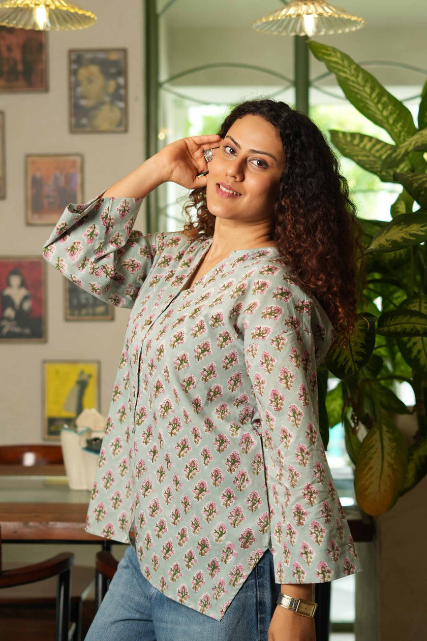 Petal Sky  Hand Block Printed  Shirt
