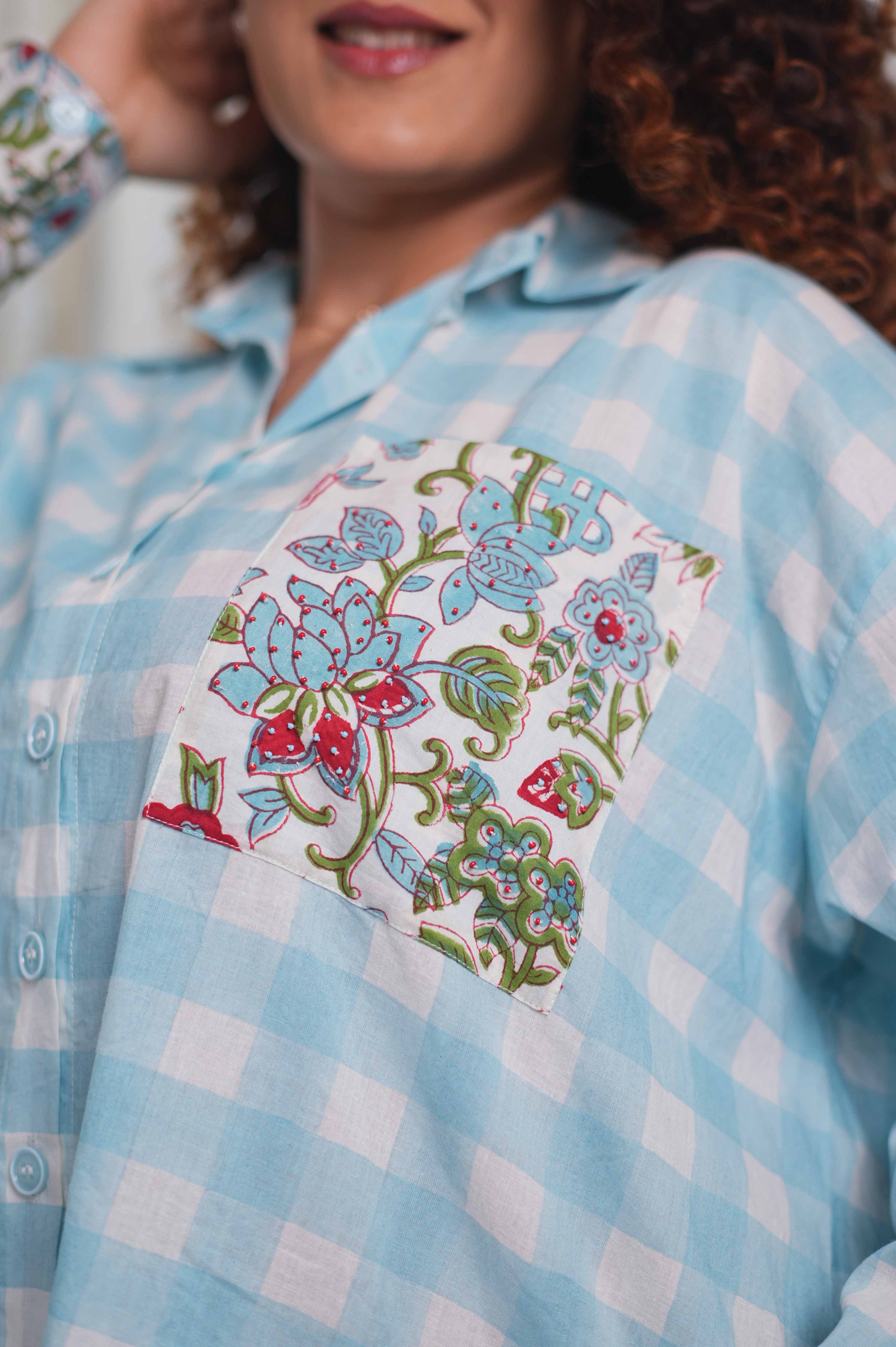 Flora Blue Checkered Oversized Shirt