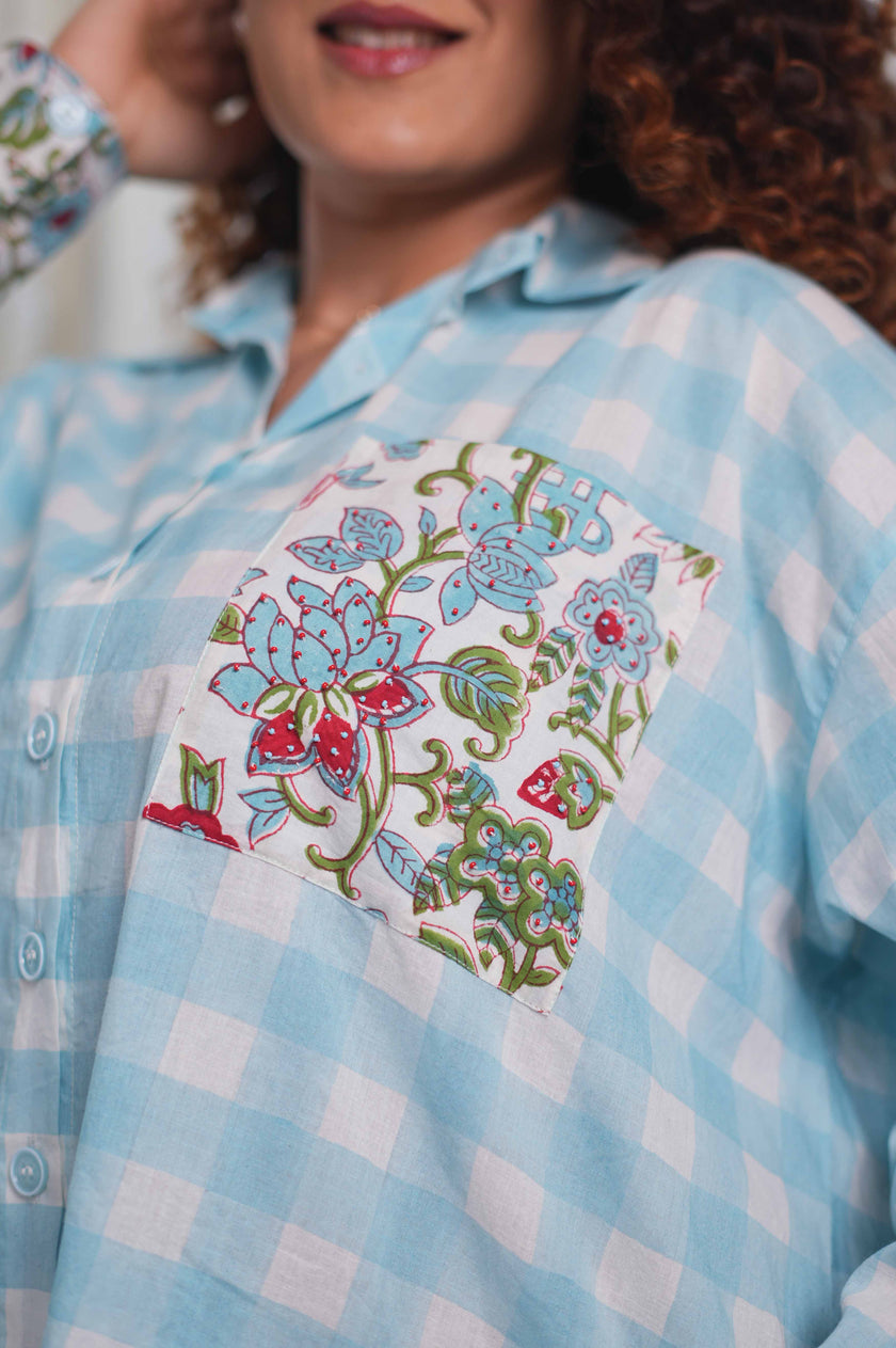 Flora Blue Checkered Oversized Shirt