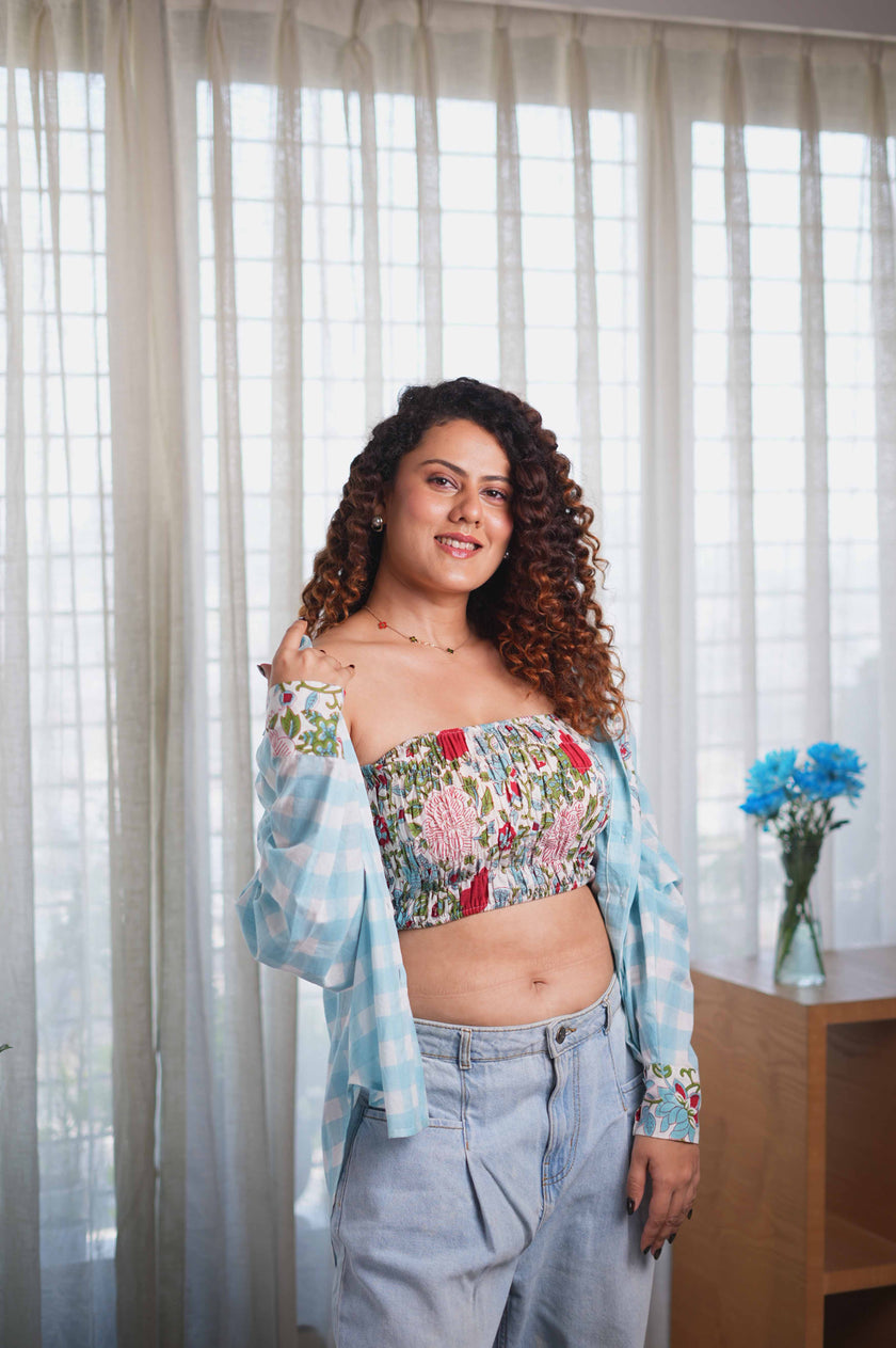 Flora Blue Checkered Oversized Shirt