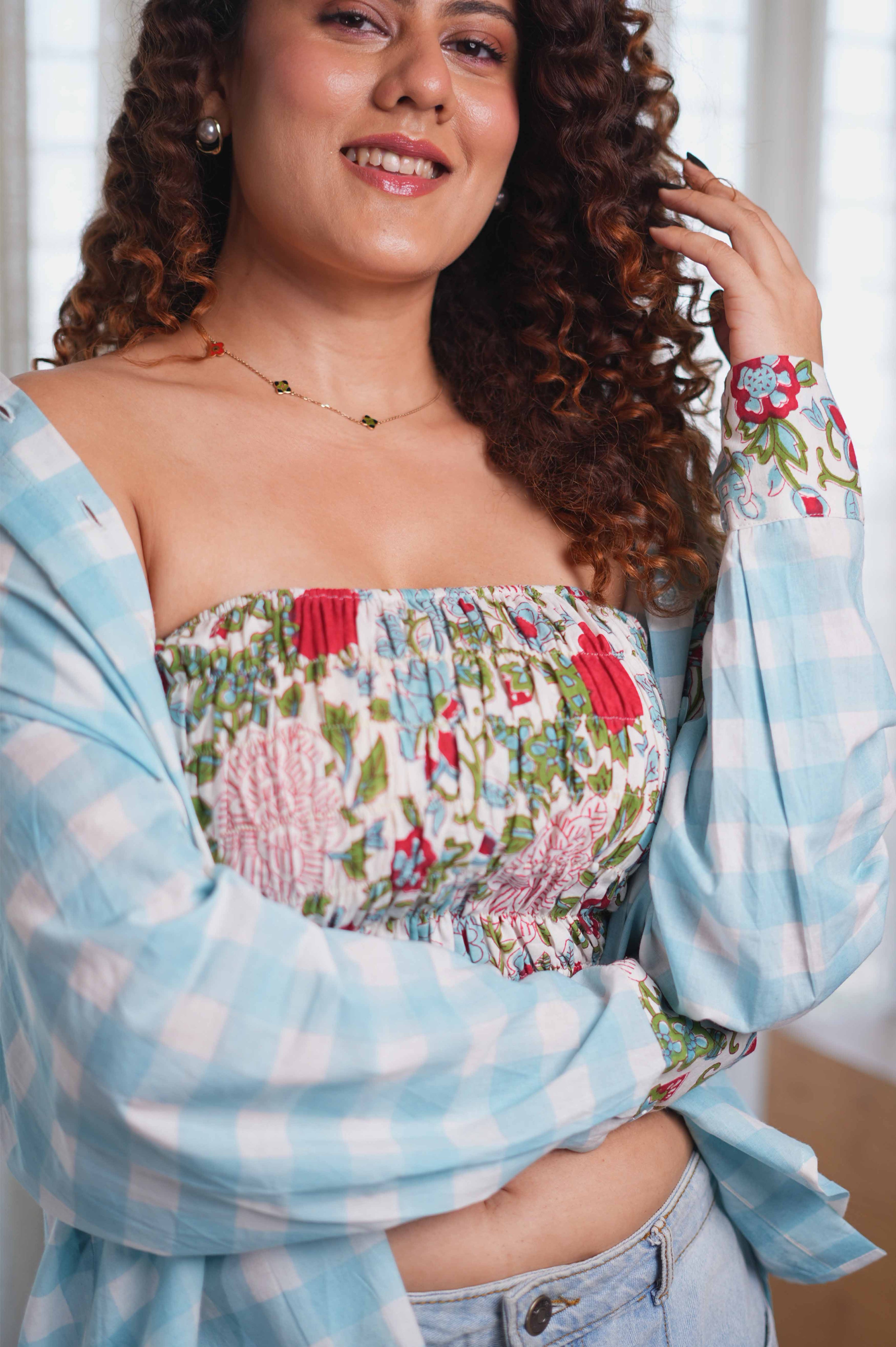 Flora Blue Checkered Oversized Shirt