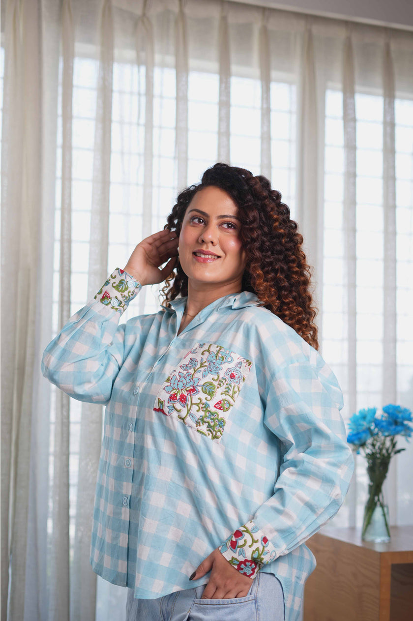 Flora Blue Checkered Oversized Shirt