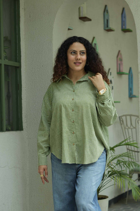 Green Bagru Grid Oversized Hand Block Shirt