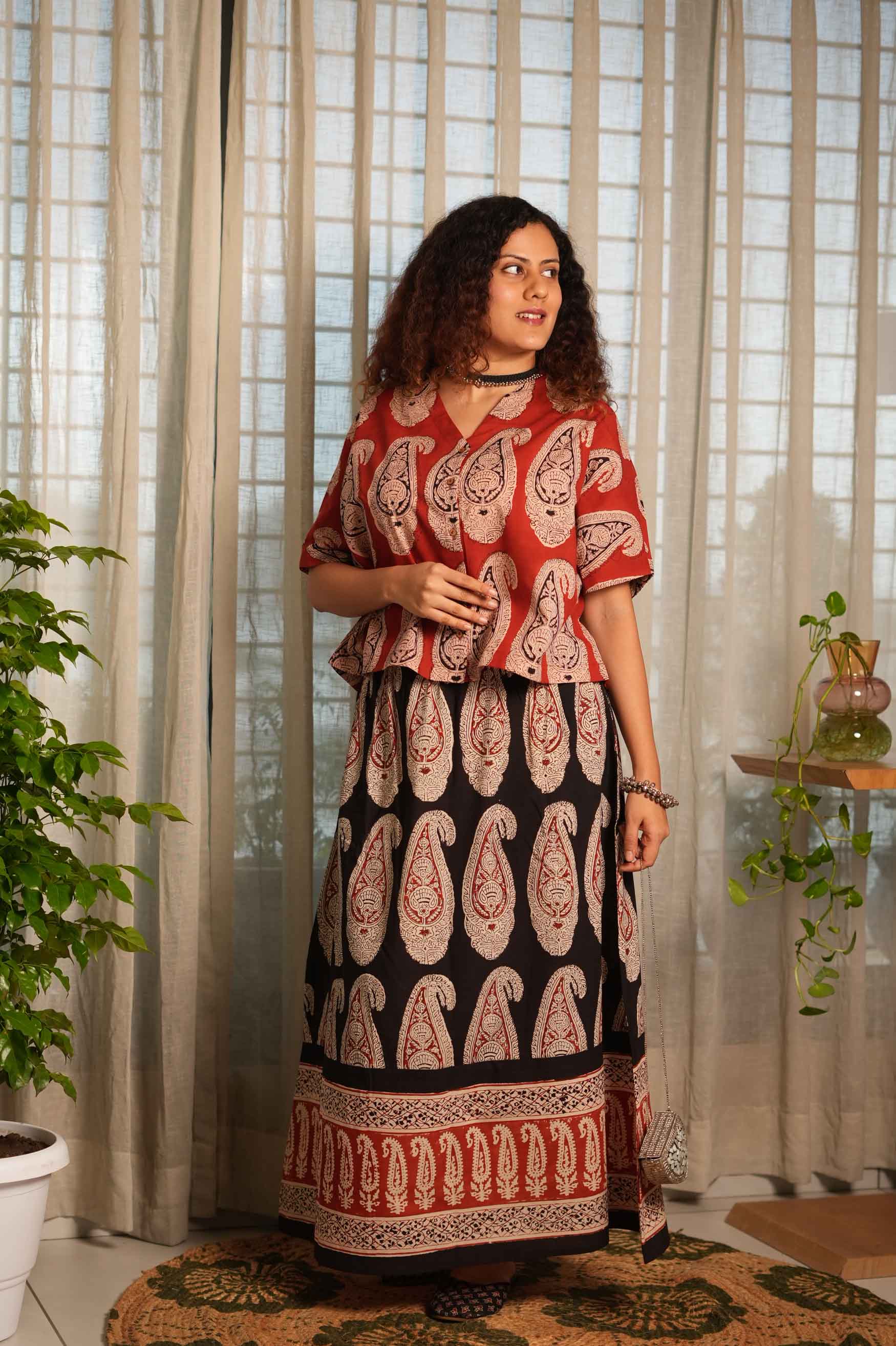 Rust Paisley — rust top + black skirt