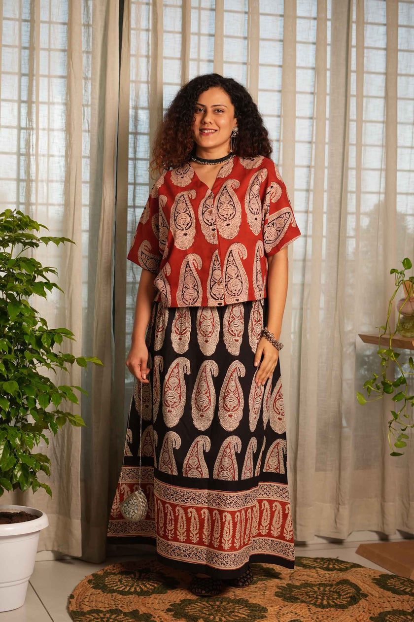 Rust Paisley — rust top + black skirt