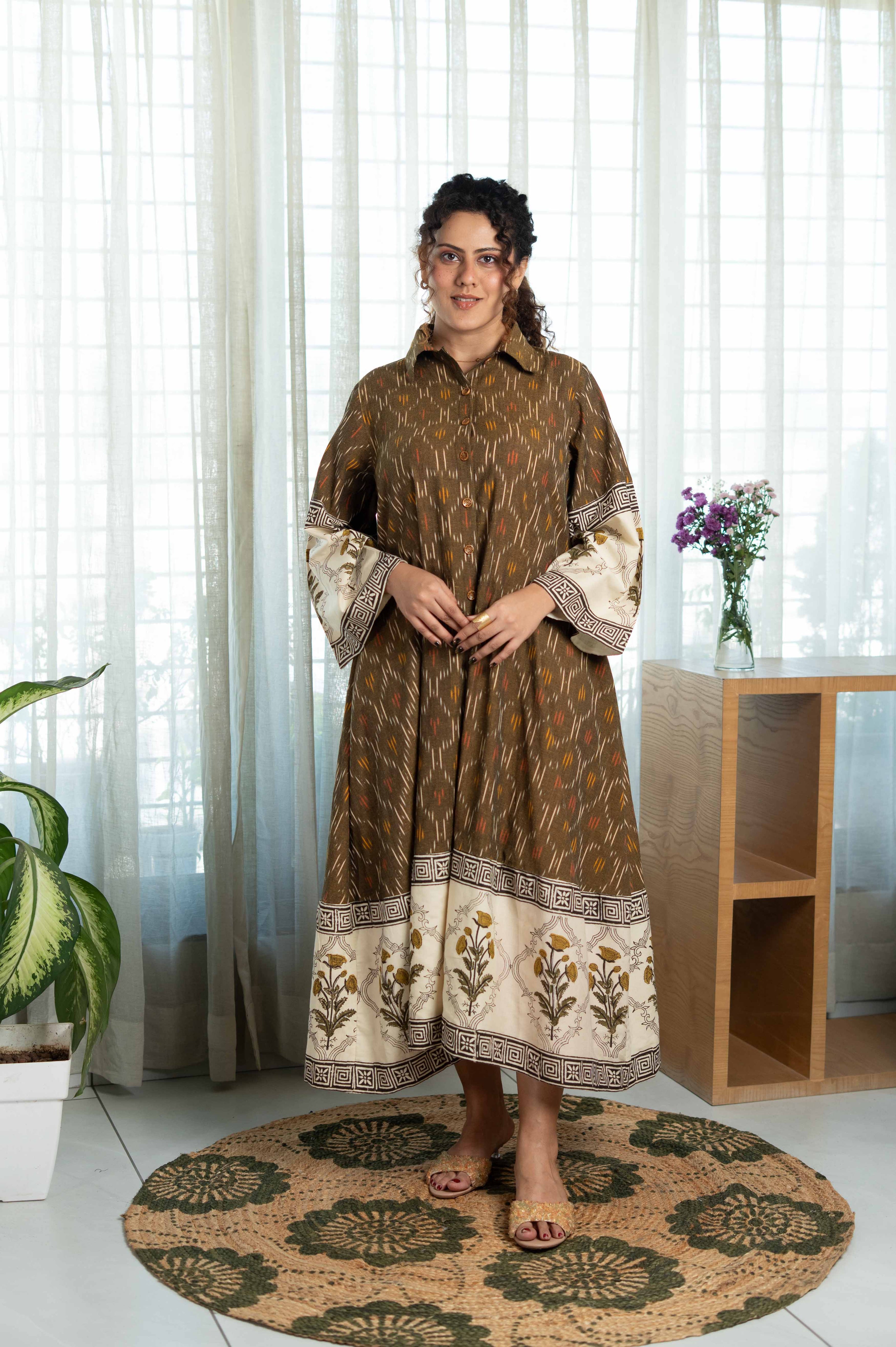 Bagru Olive Ikat Flow Dress