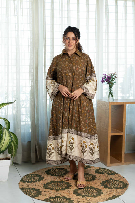 Bagru Olive Ikat Flow Dress