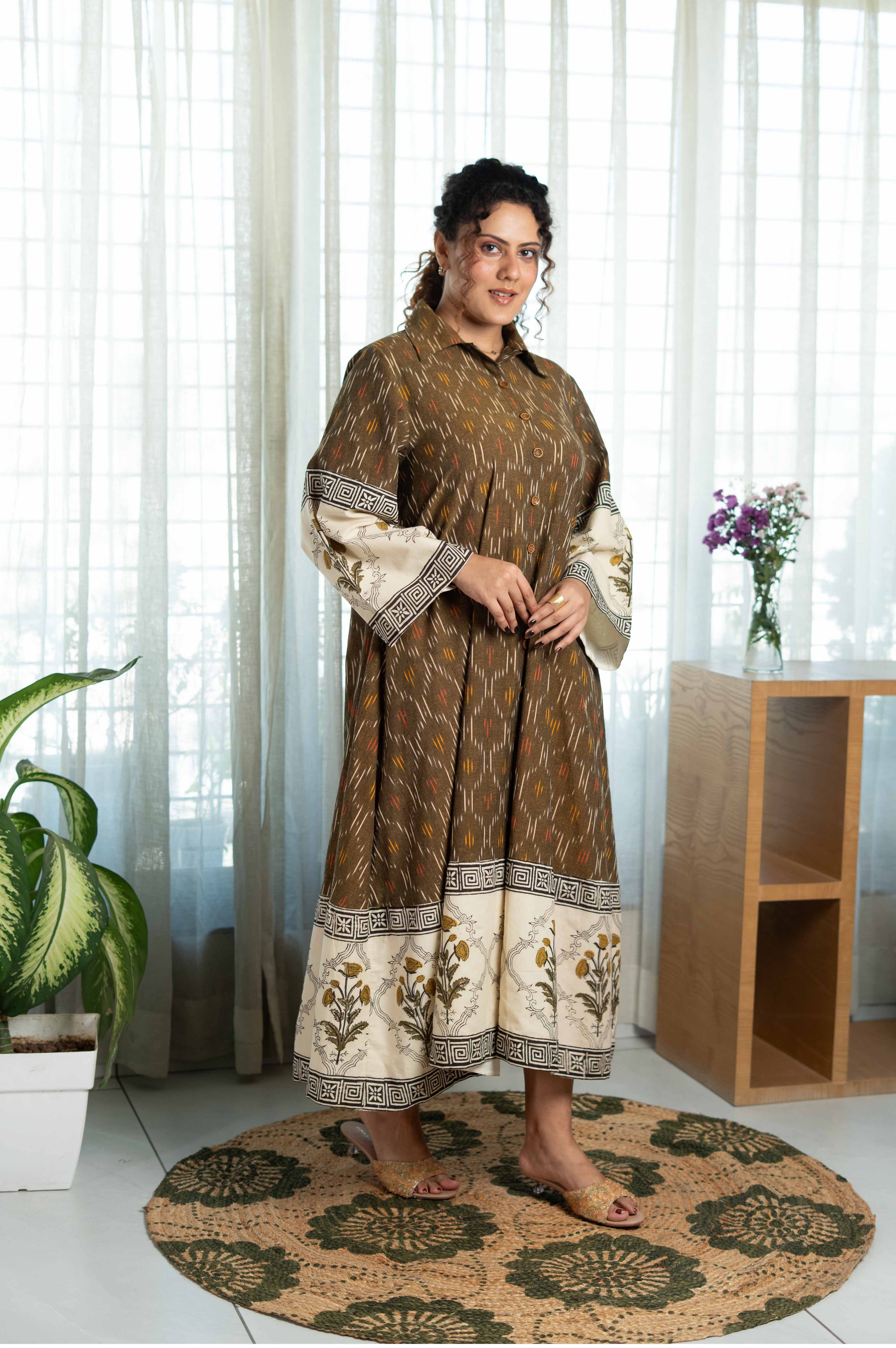 Bagru Olive Ikat Flow Dress