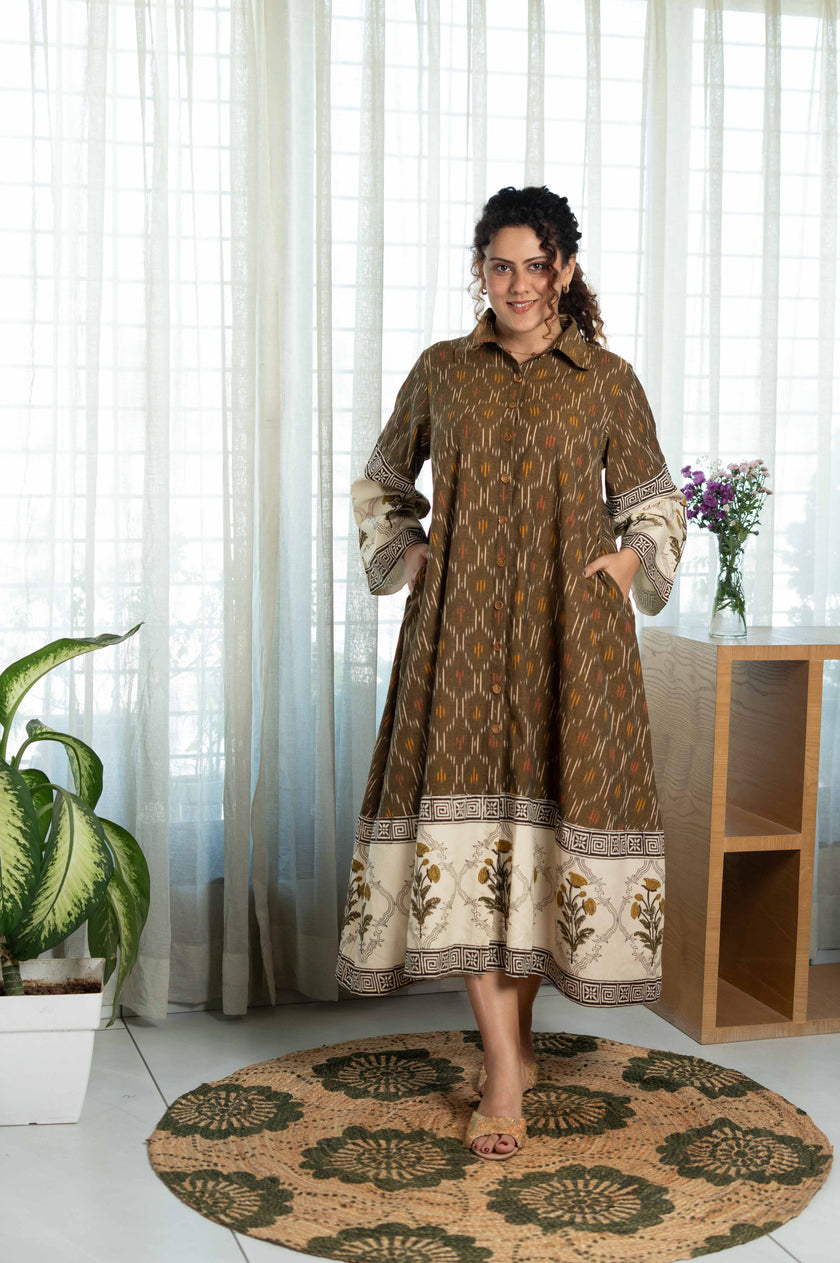 Bagru Olive Ikat Flow Dress