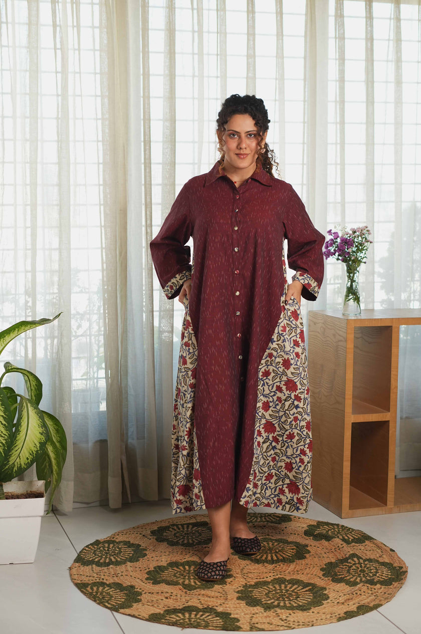 Bagru Ikat Flow Dress - Wine